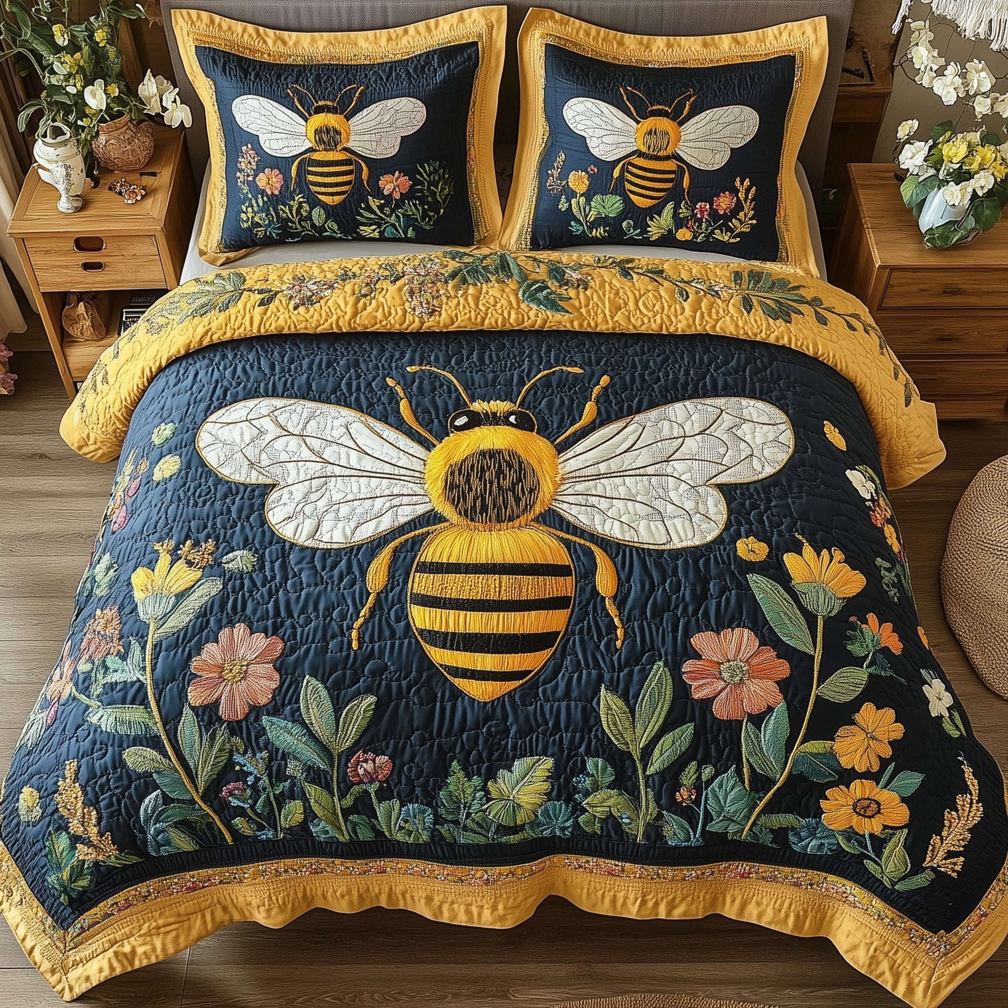 Floral Bee 3-Piece Quilted Bedding Set GFTONL3734