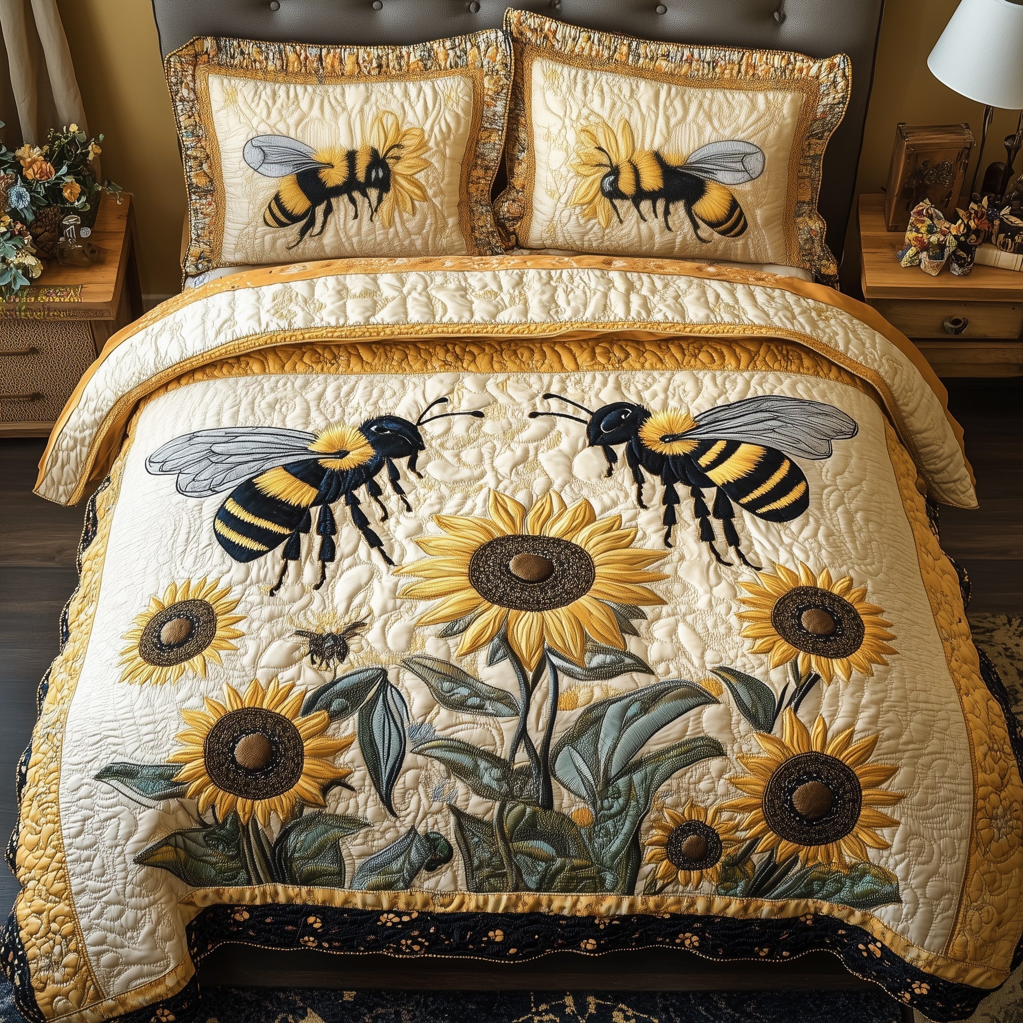 Sunflower Bee 3-Piece Quilted Bedding Set GFTONL3736