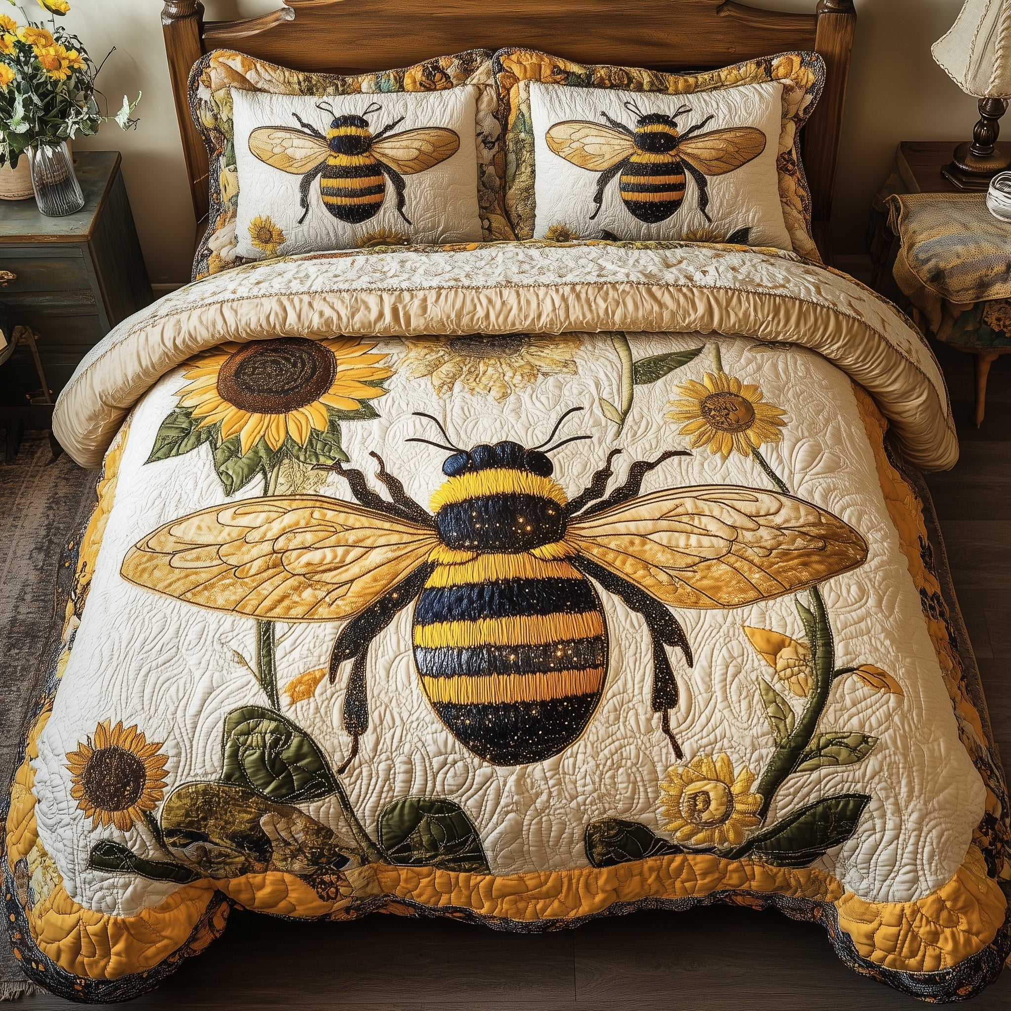 Sunflower Bee 3-Piece Quilted Bedding Set GFTONL3743