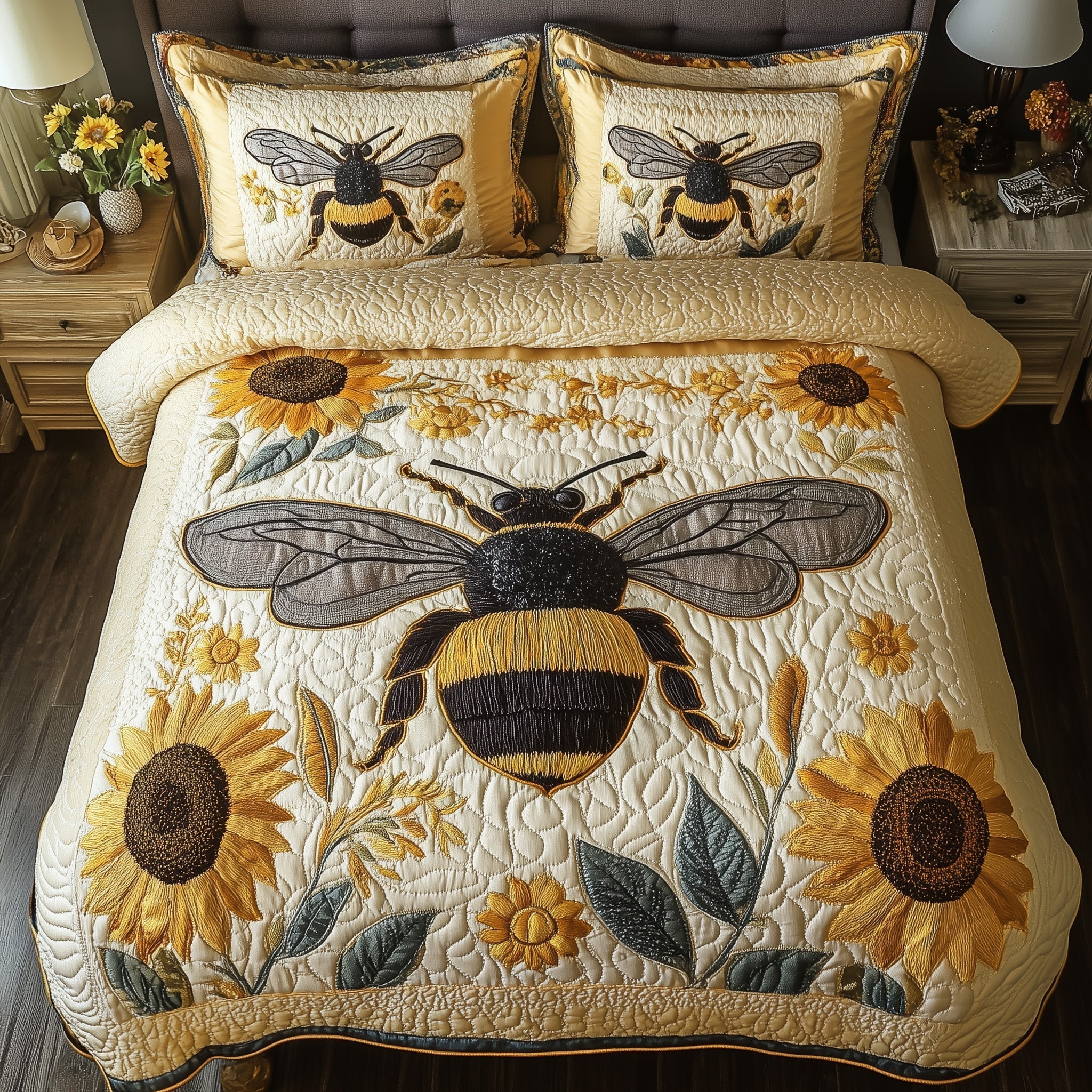 Sunflower Bee 3-Piece Quilted Bedding Set GFTONL3747