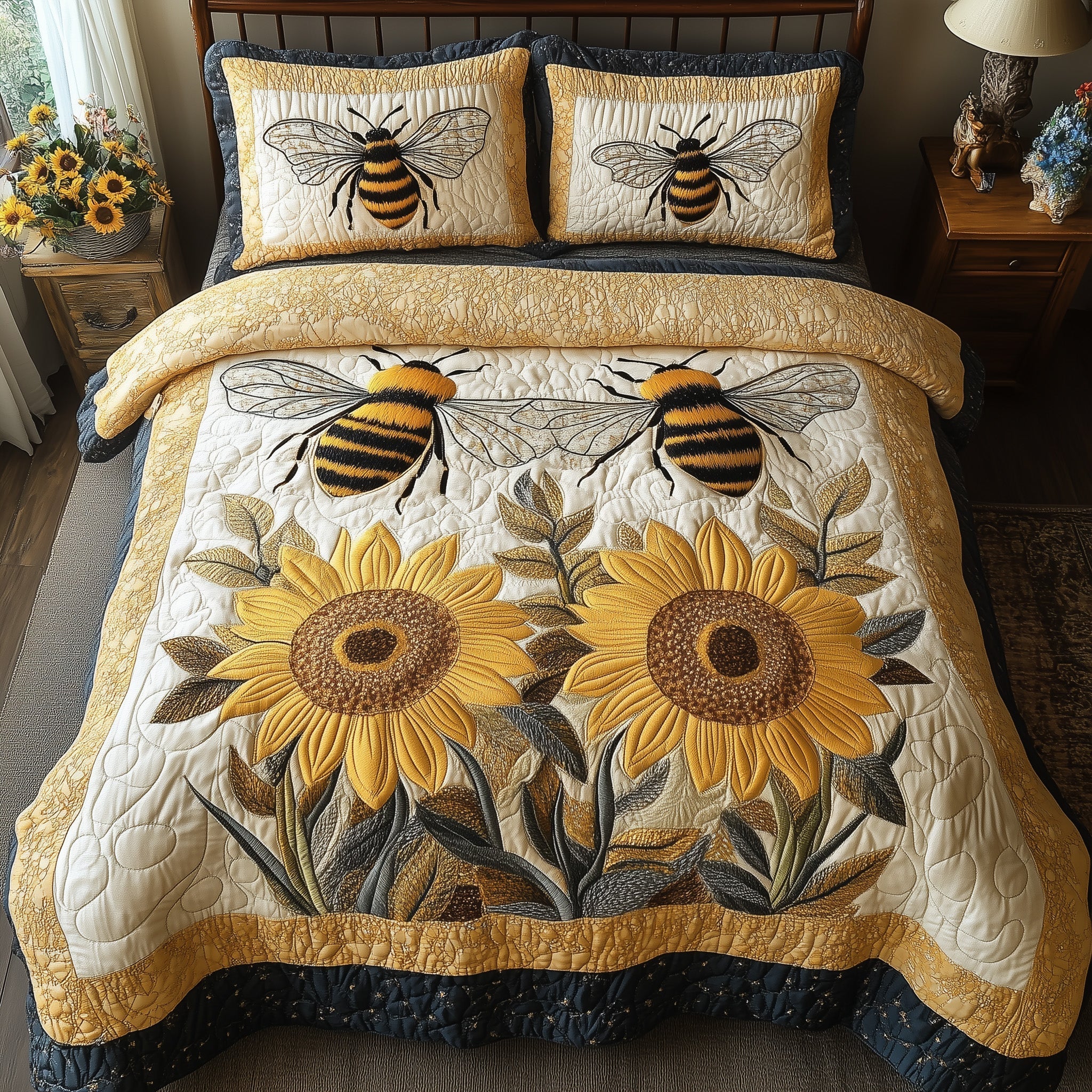 Sunflower Bee 3-Piece Quilted Bedding Set GFTONL3748