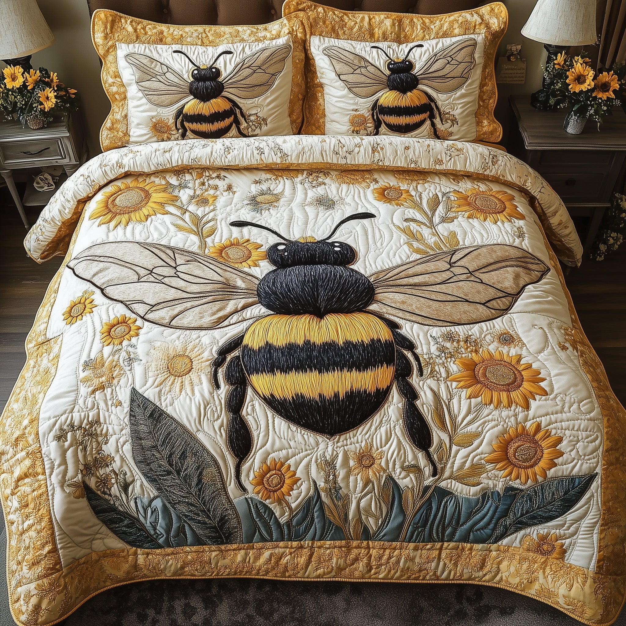 Sunflower Bee 3-Piece Quilted Bedding Set GFTONL3749