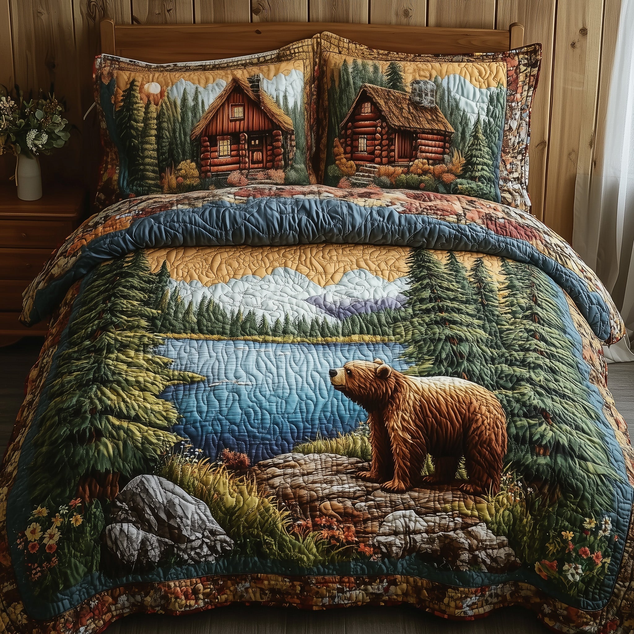 Cabin And Bear 3-Piece Quilted Bedding Set GFTONL3788