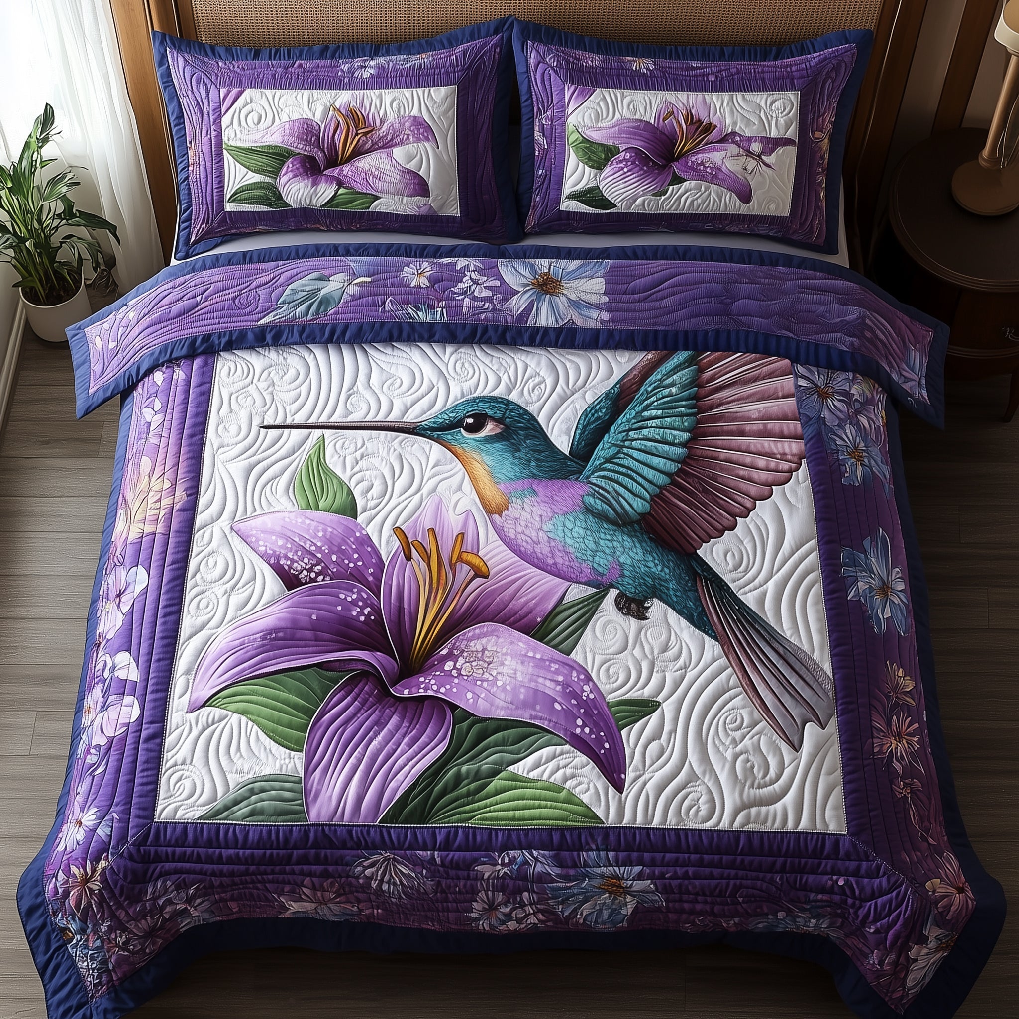 Violet Hummingbird 3-Piece Quilted Bedding Set GFTONL4071