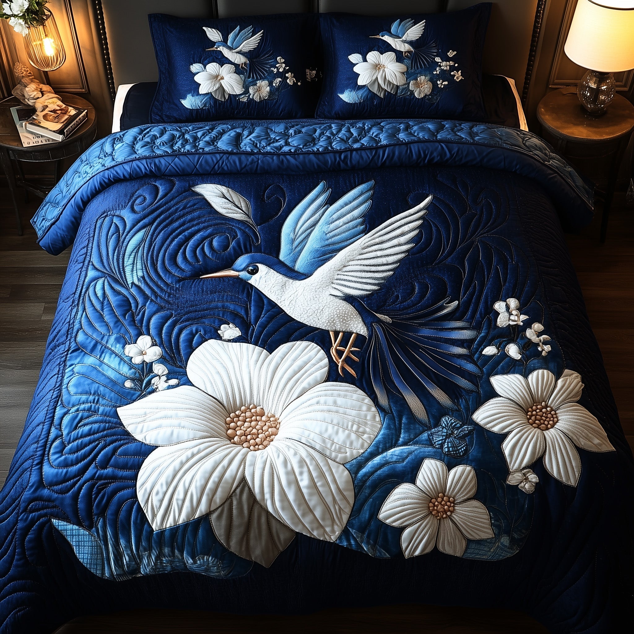 Midnight Bloom Hummingbird 3-Piece Quilted Bedding Set GFTONL4073