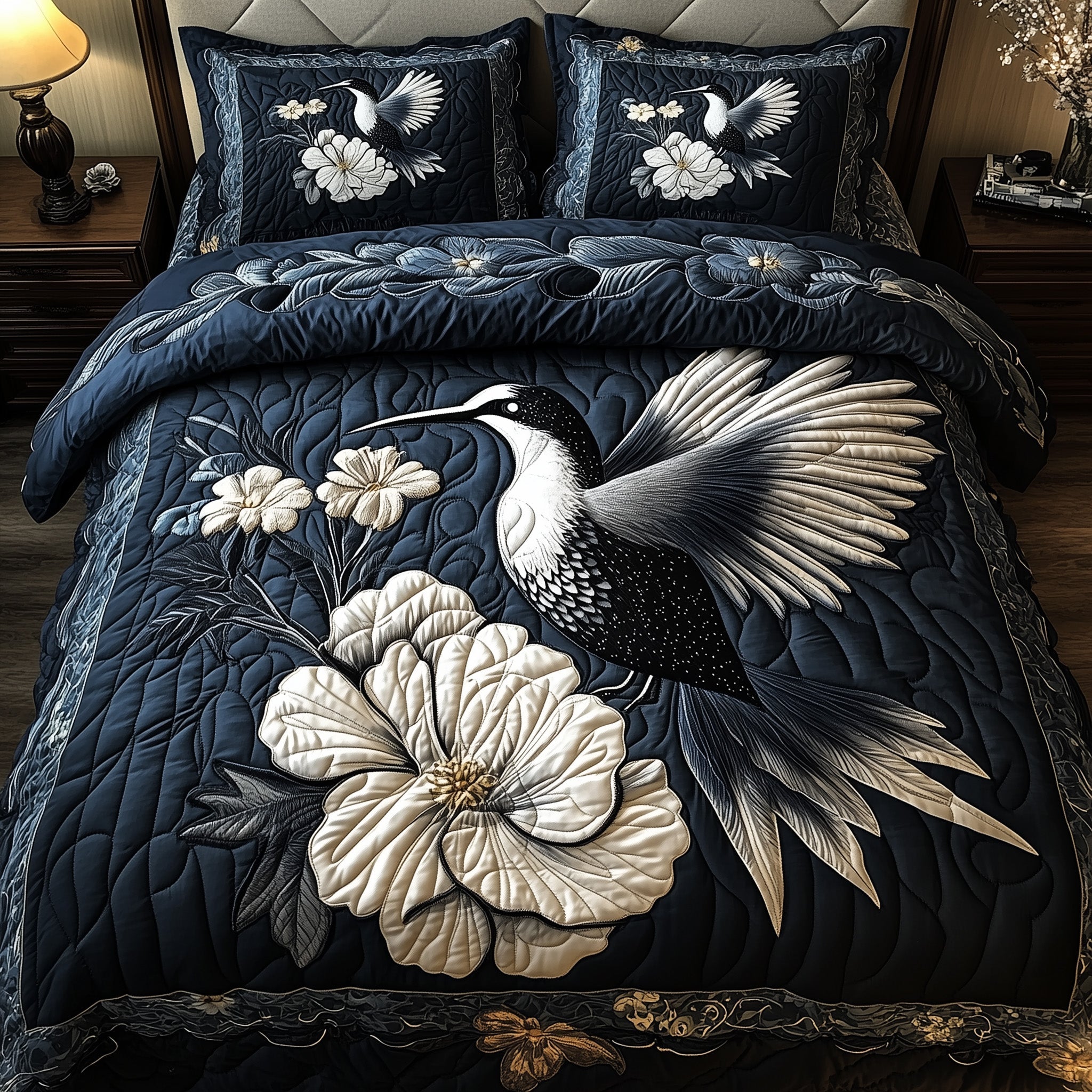 Monochrome Hummingbird 3-Piece Quilted Bedding Set GFTONL4080