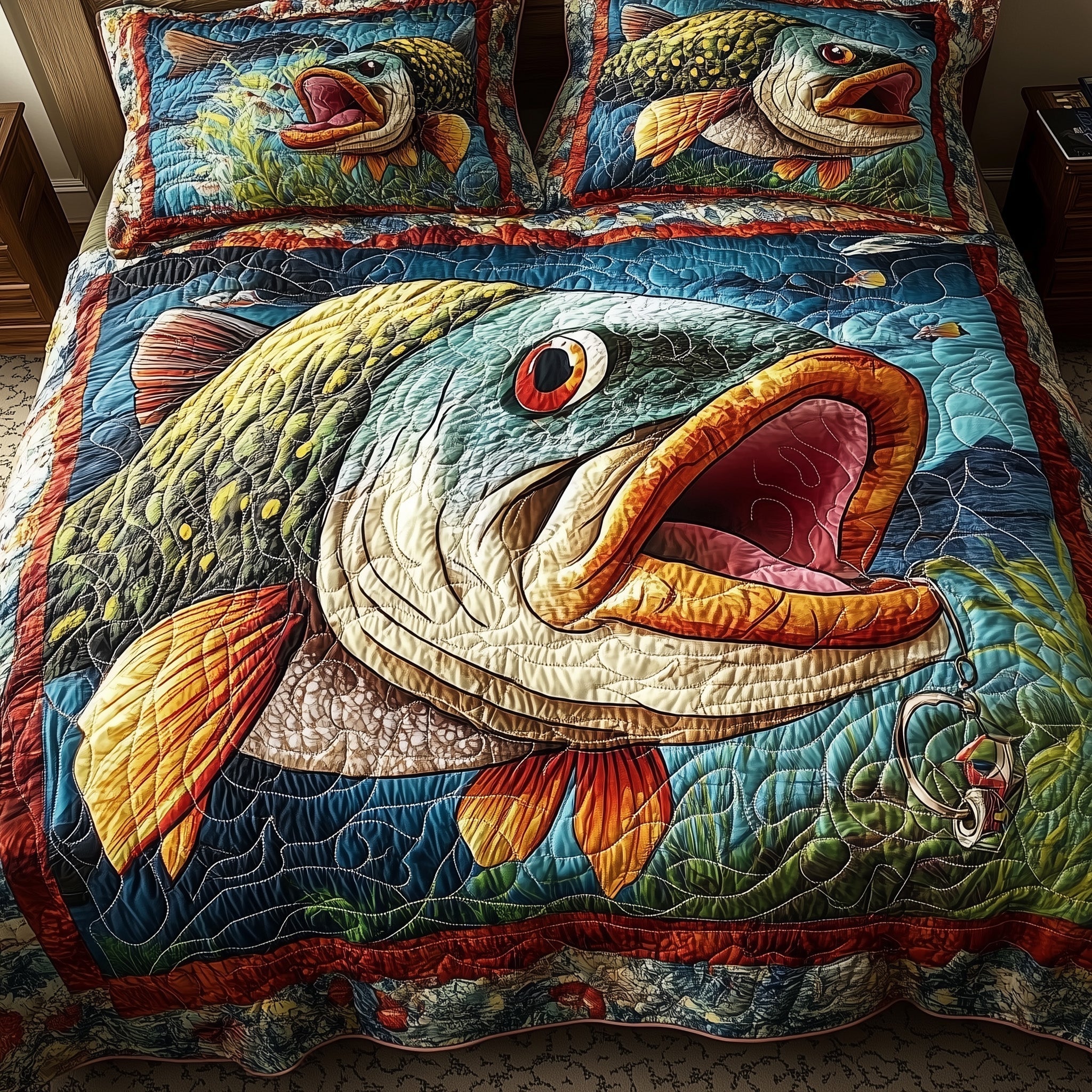 Largemouth Fishing 3-Piece Quilted Bedding Set GFTONL4262
