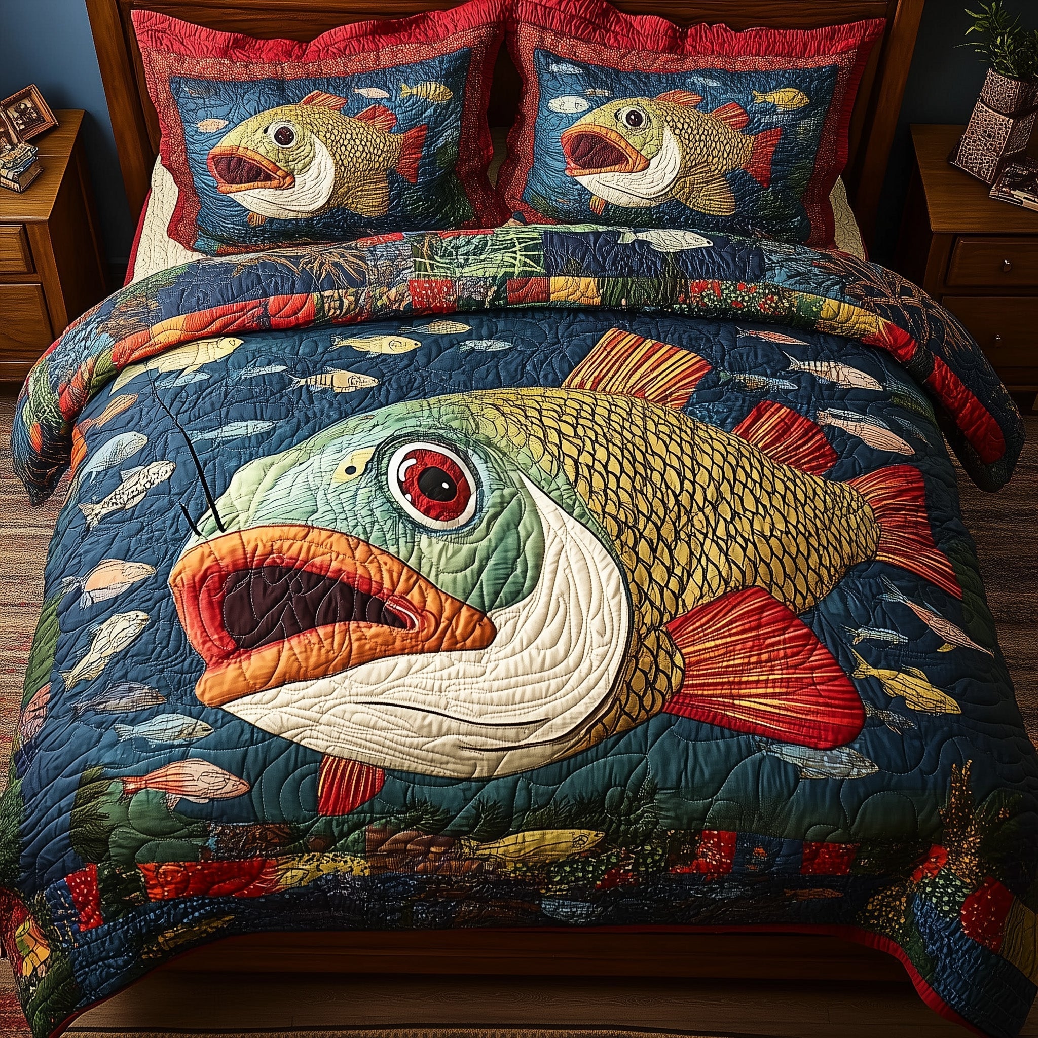 Largemouth Fishing 3-Piece Quilted Bedding Set GFTONL4263