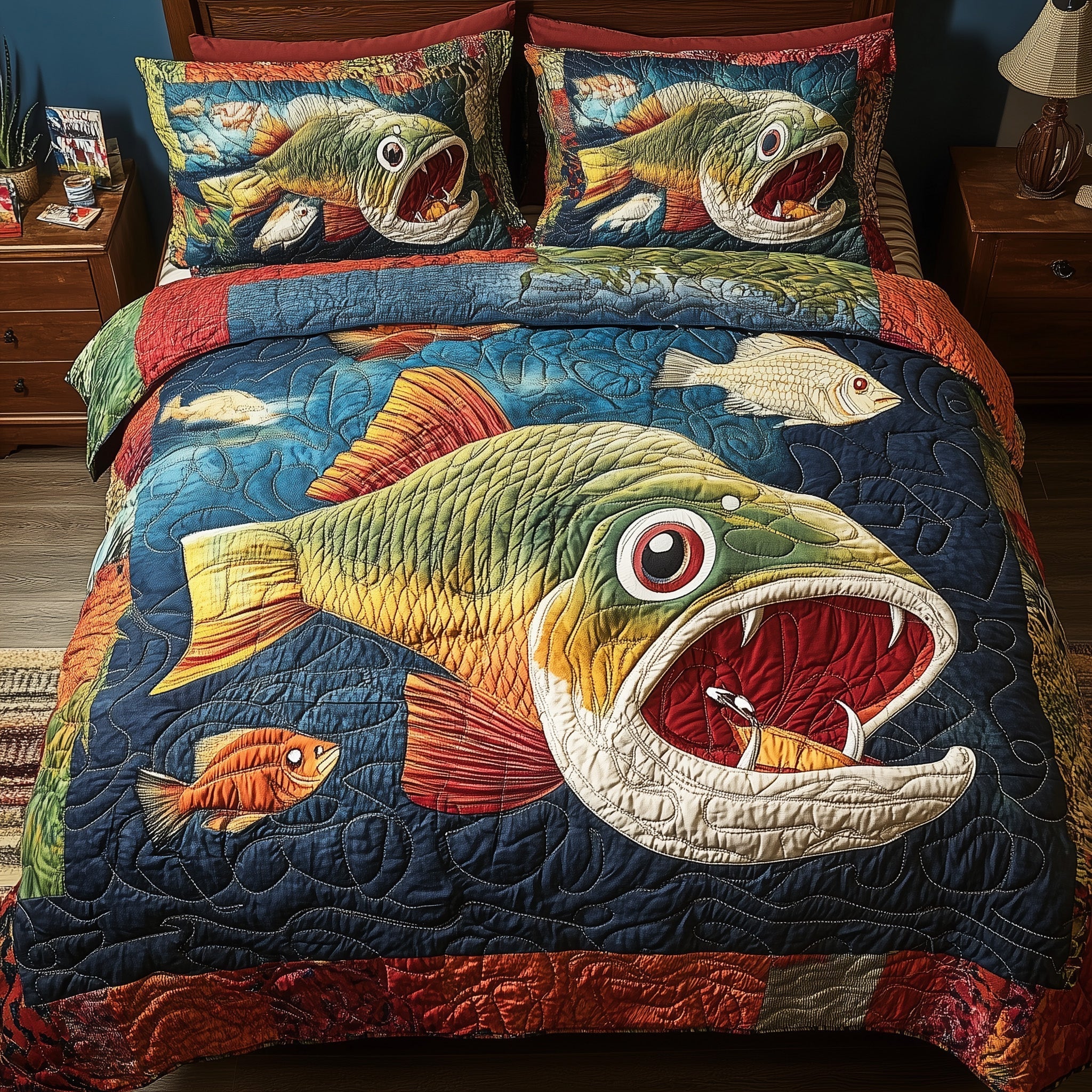 Largemouth Fishing 3-Piece Quilted Bedding Set GFTONL4264