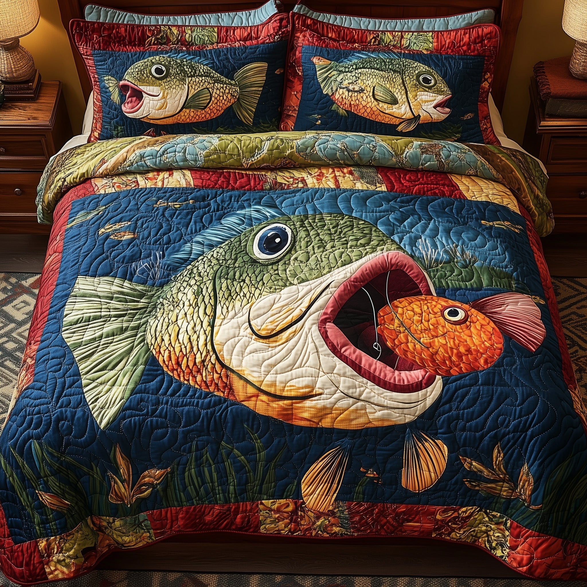 Largemouth Fishing 3-Piece Quilted Bedding Set GFTONL4266