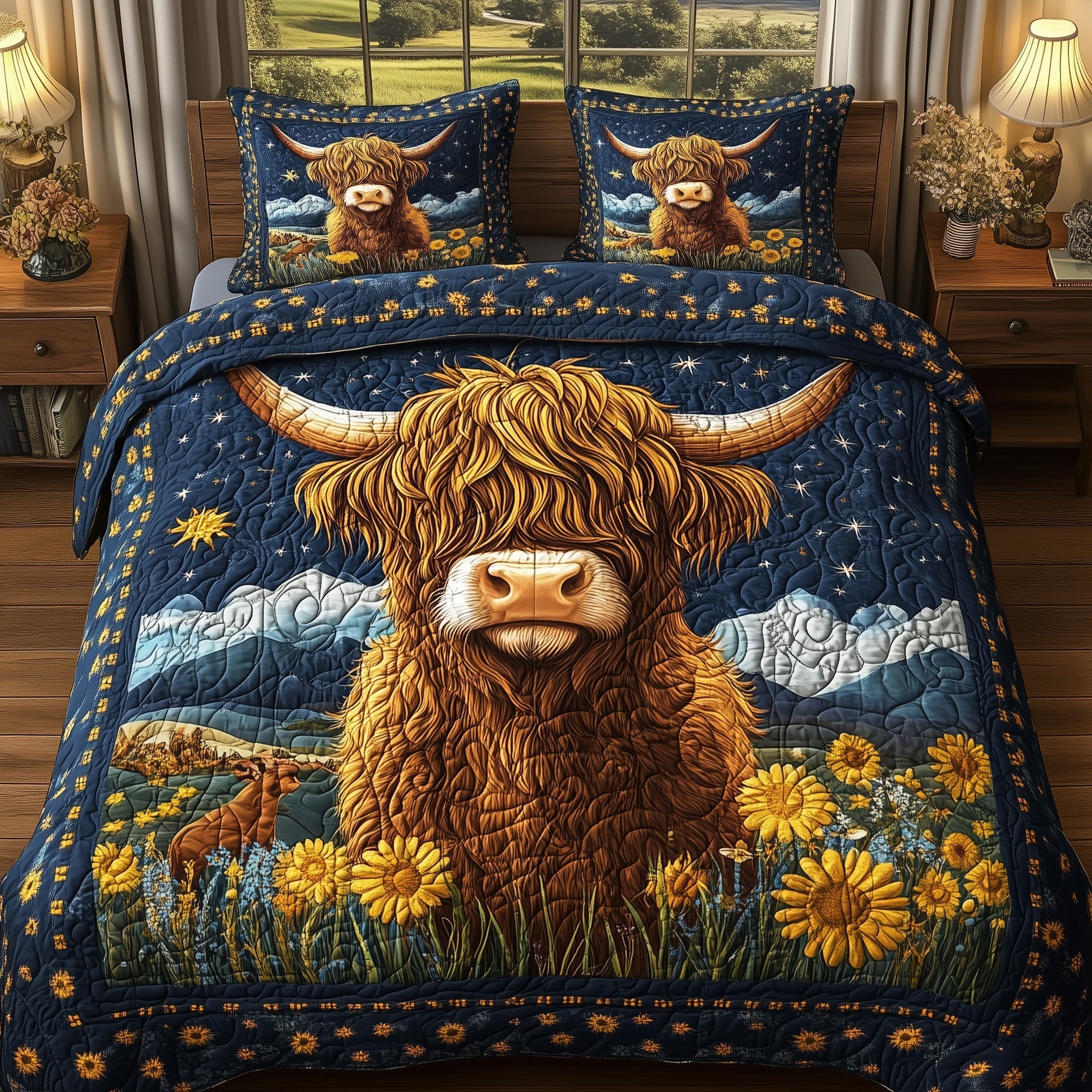 Midnight Highland Cow 3-Piece Quilted Bedding Set GFTONL4292