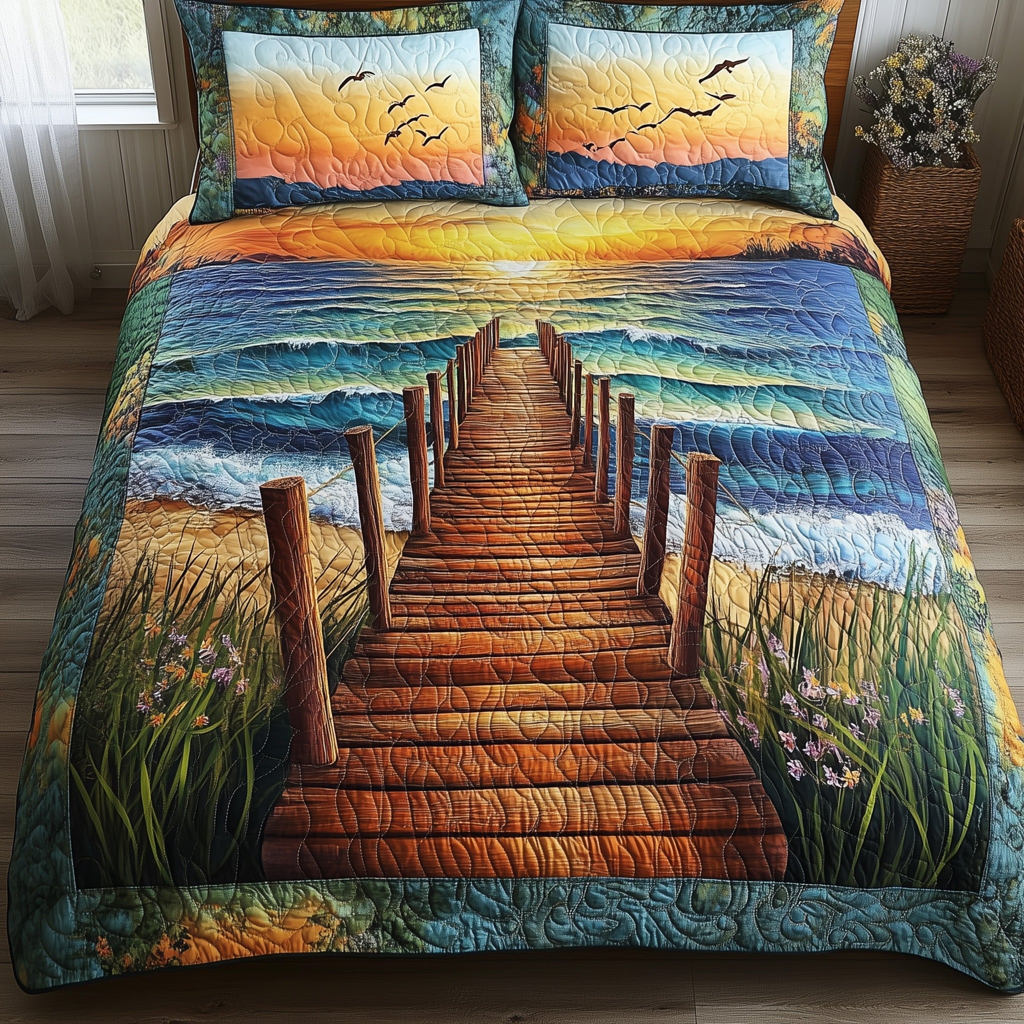 Sunset Wooden Dock 3-Piece Quilted Bedding Set GFTONL4305