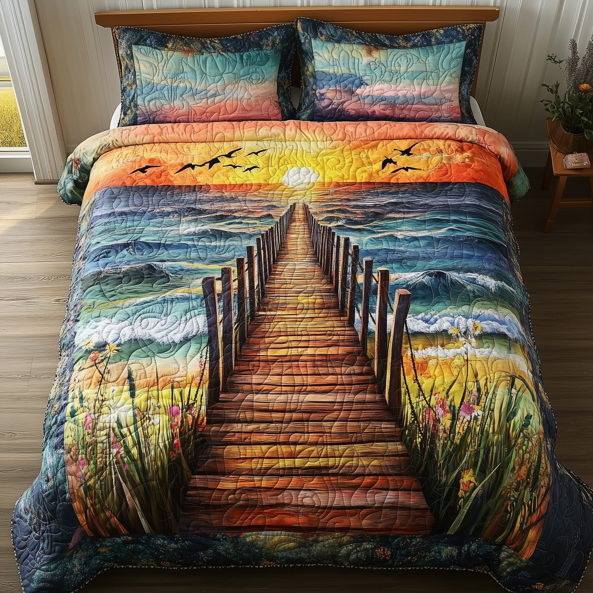Sunset Wooden Dock 3-Piece Quilted Bedding Set GFTONL4306