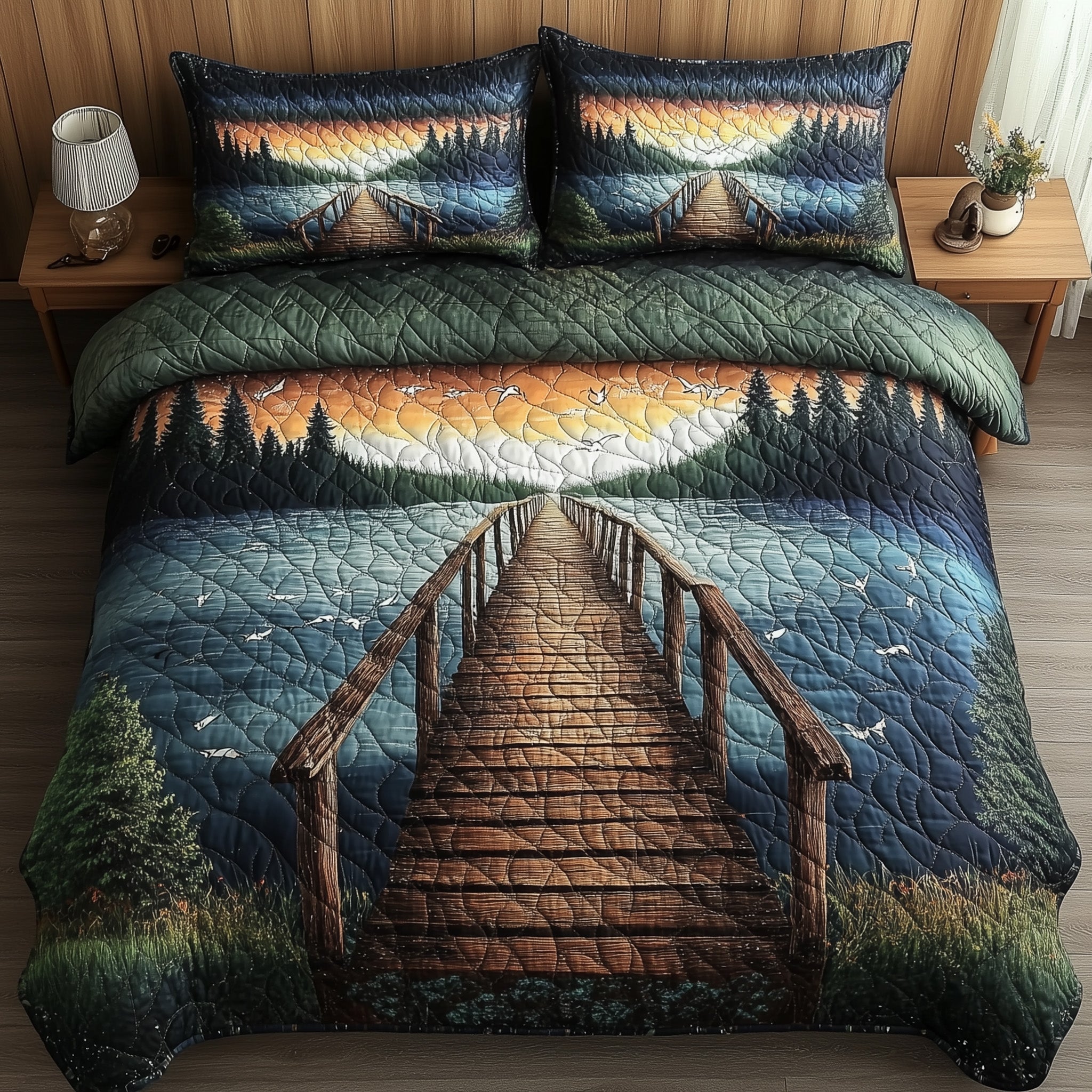 Lake Wooden Dock 3-Piece Quilted Bedding Set GFTONL4308