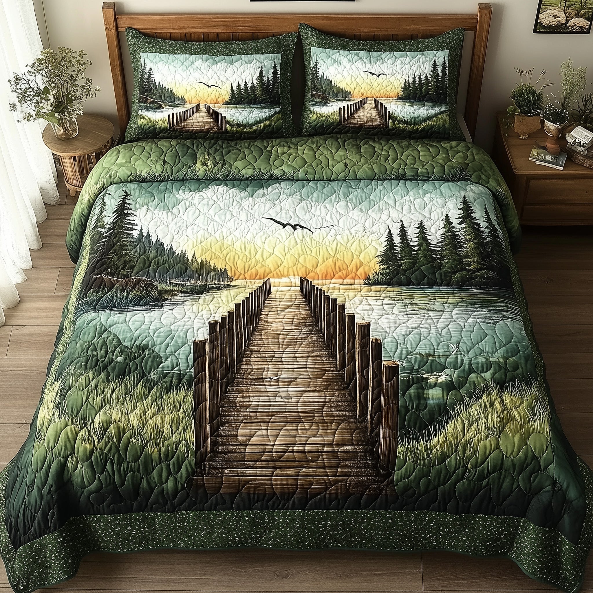 Lake Wooden Dock 3-Piece Quilted Bedding Set GFTONL4309