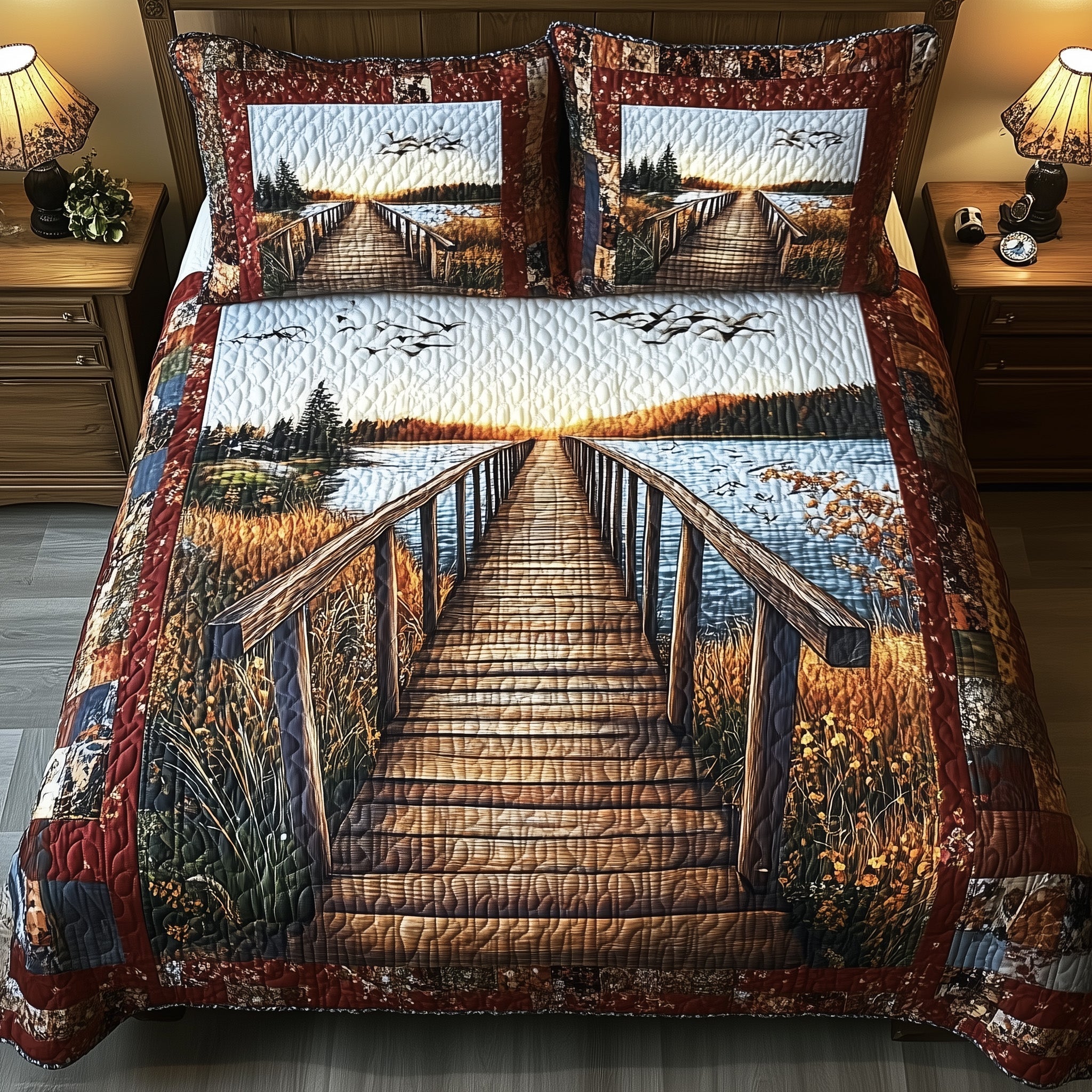 Rustic Wooden Dock 3-Piece Quilted Bedding Set GFTONL4314