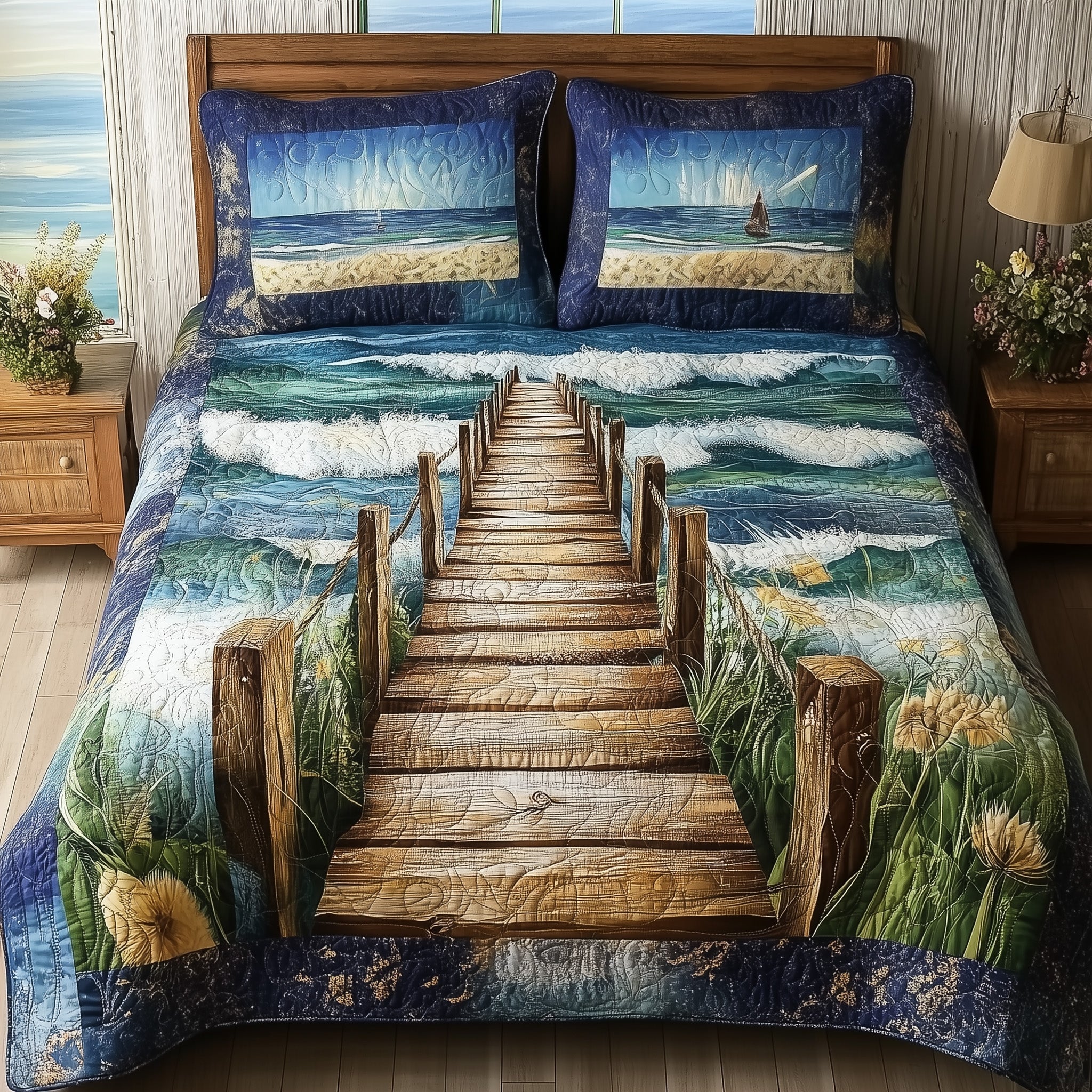 Ocean Wooden Dock 3-Piece Quilted Bedding Set GFTONL4318
