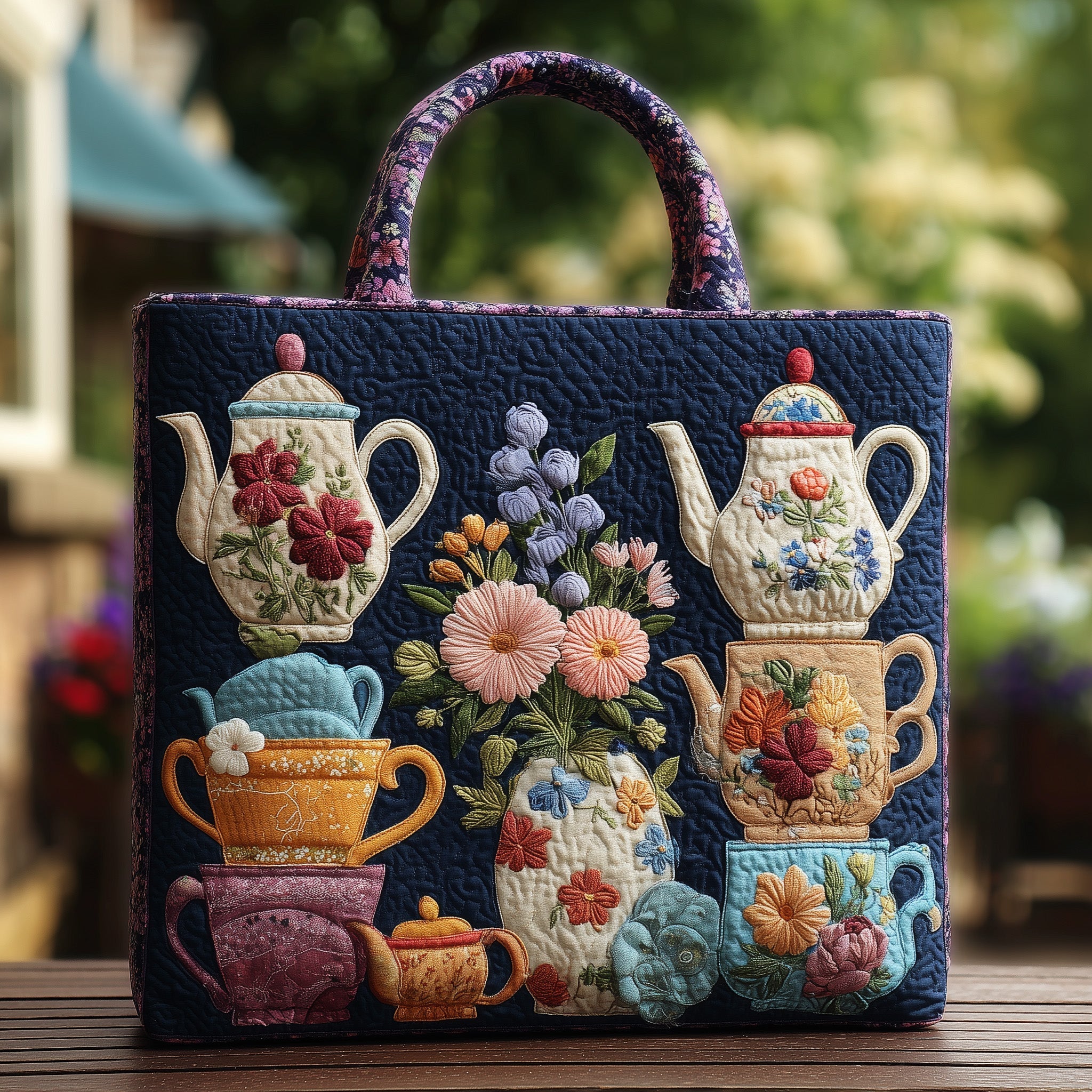 Floral Teapot Quilted Tote Bag GFTONL5623