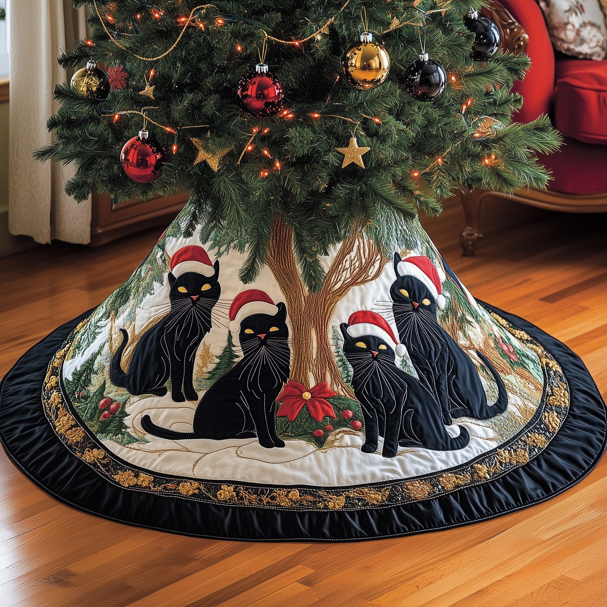 Black Holiday Cat Quilted Tree Skirt GFTONL6840