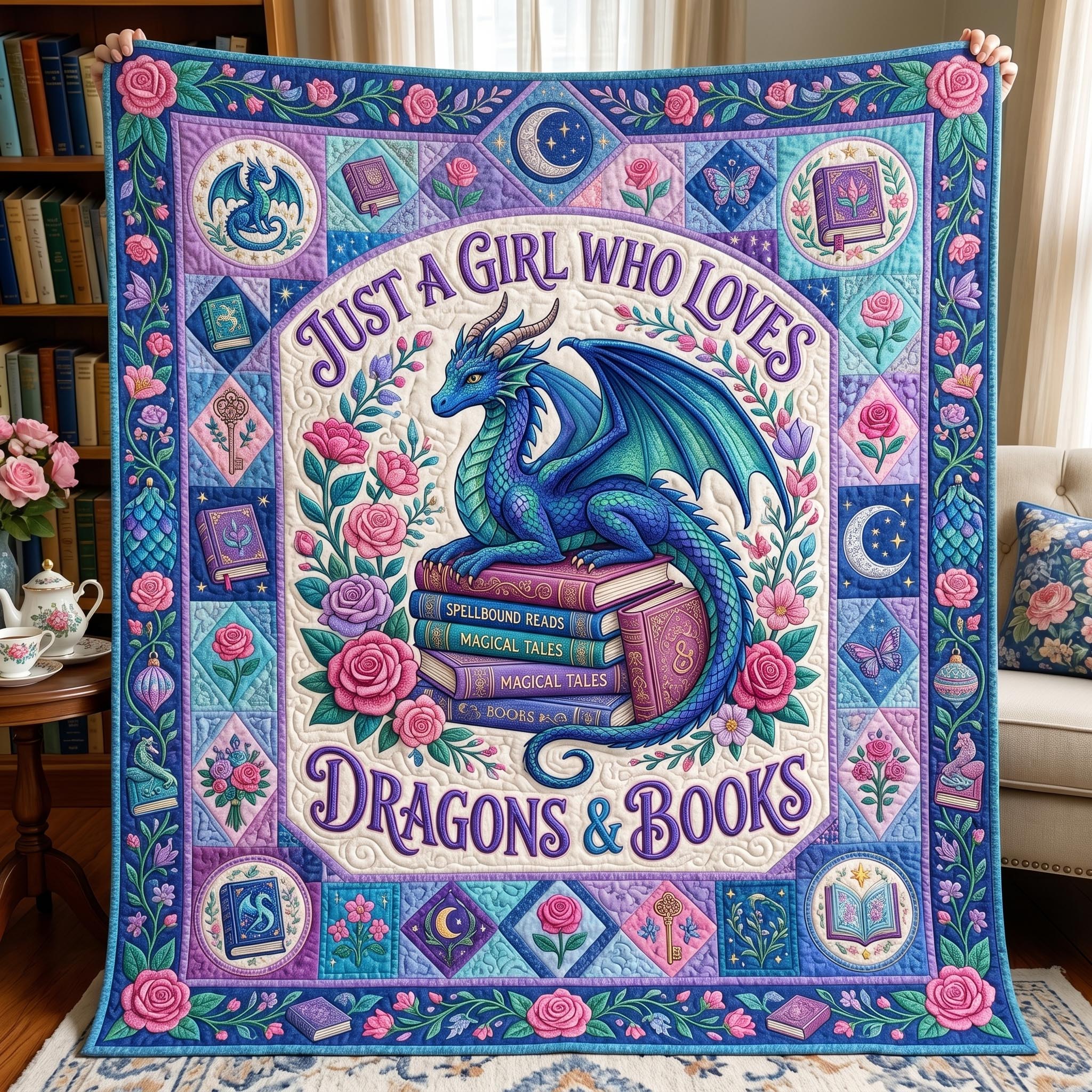 Bookworm Dragon Quilted Blanket GFTONMU601