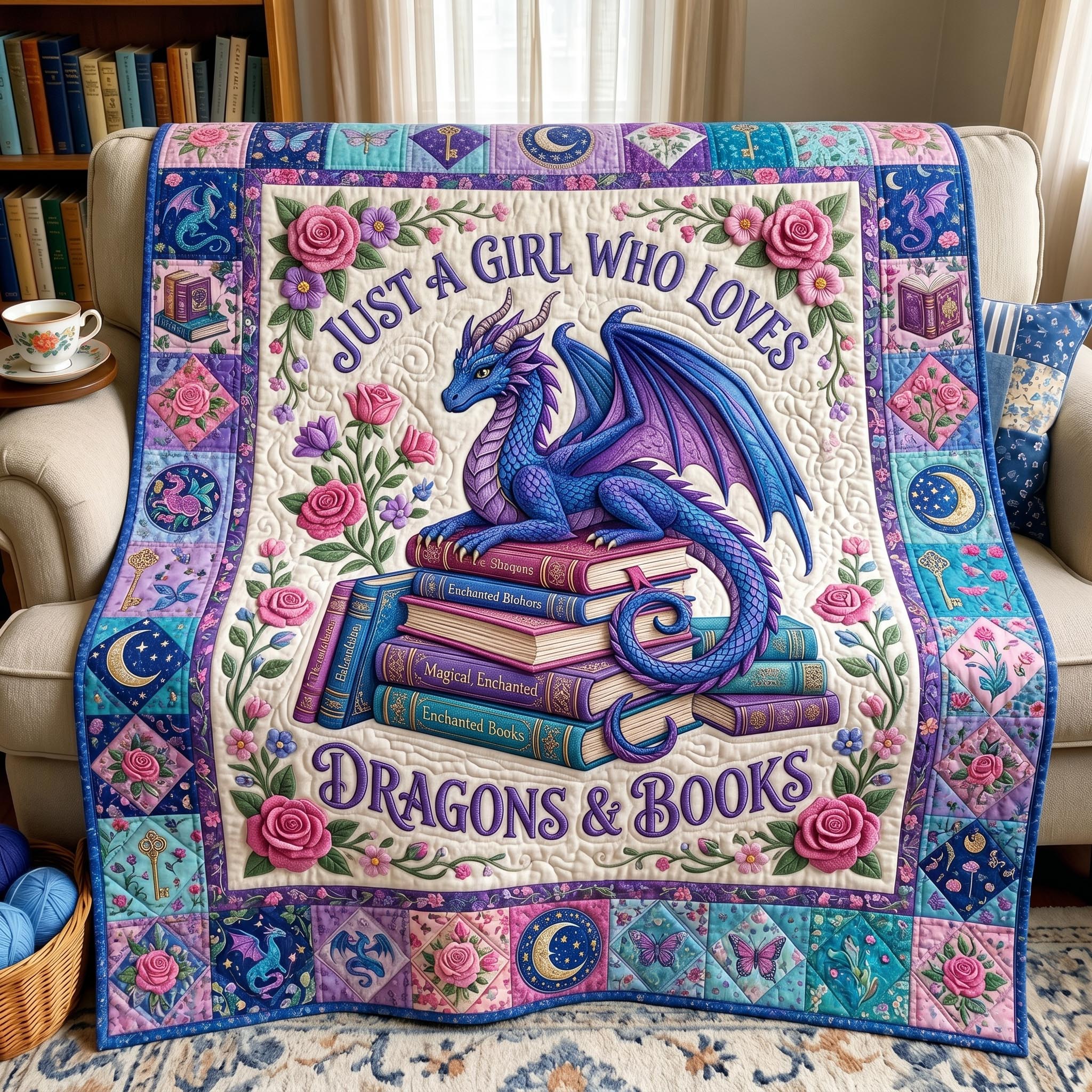 Bookworm Dragon Quilted Blanket GFTONMU602