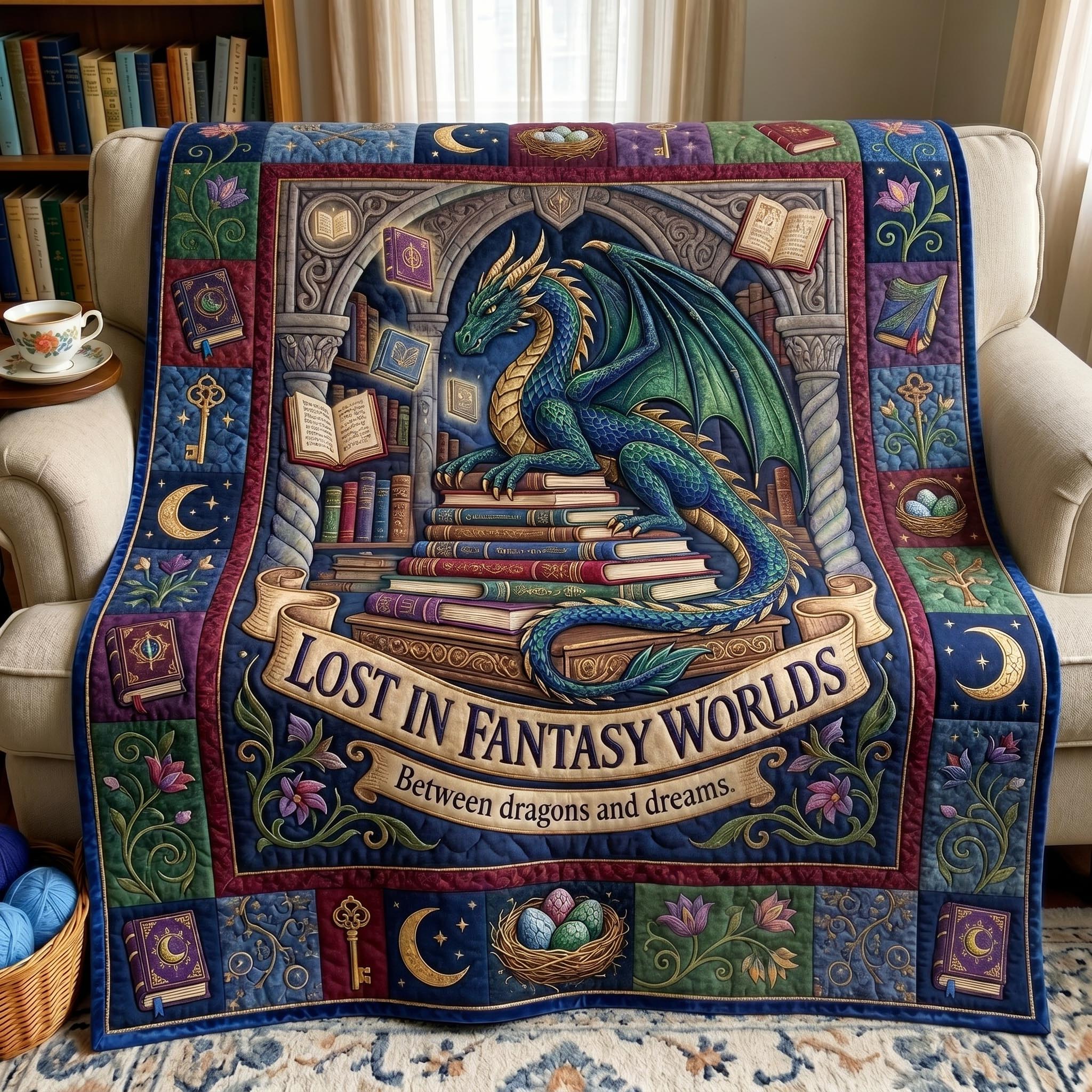 Bookworm Dragon Quilted Blanket GFTONMU604