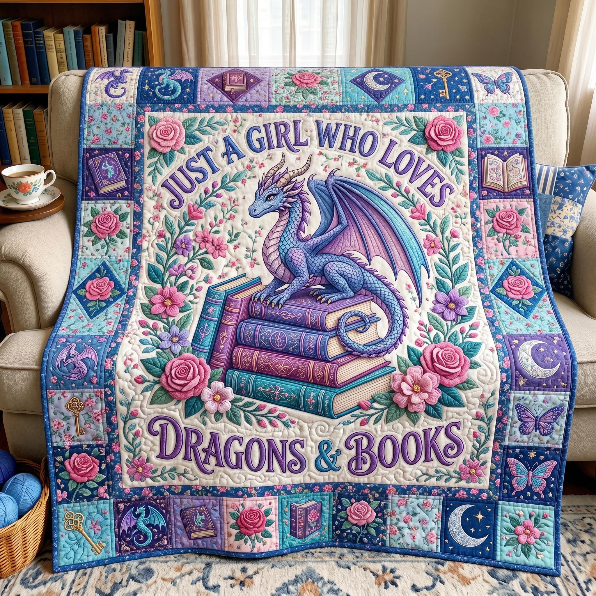 Bookworm Dragon Quilted Blanket GFTONMU607