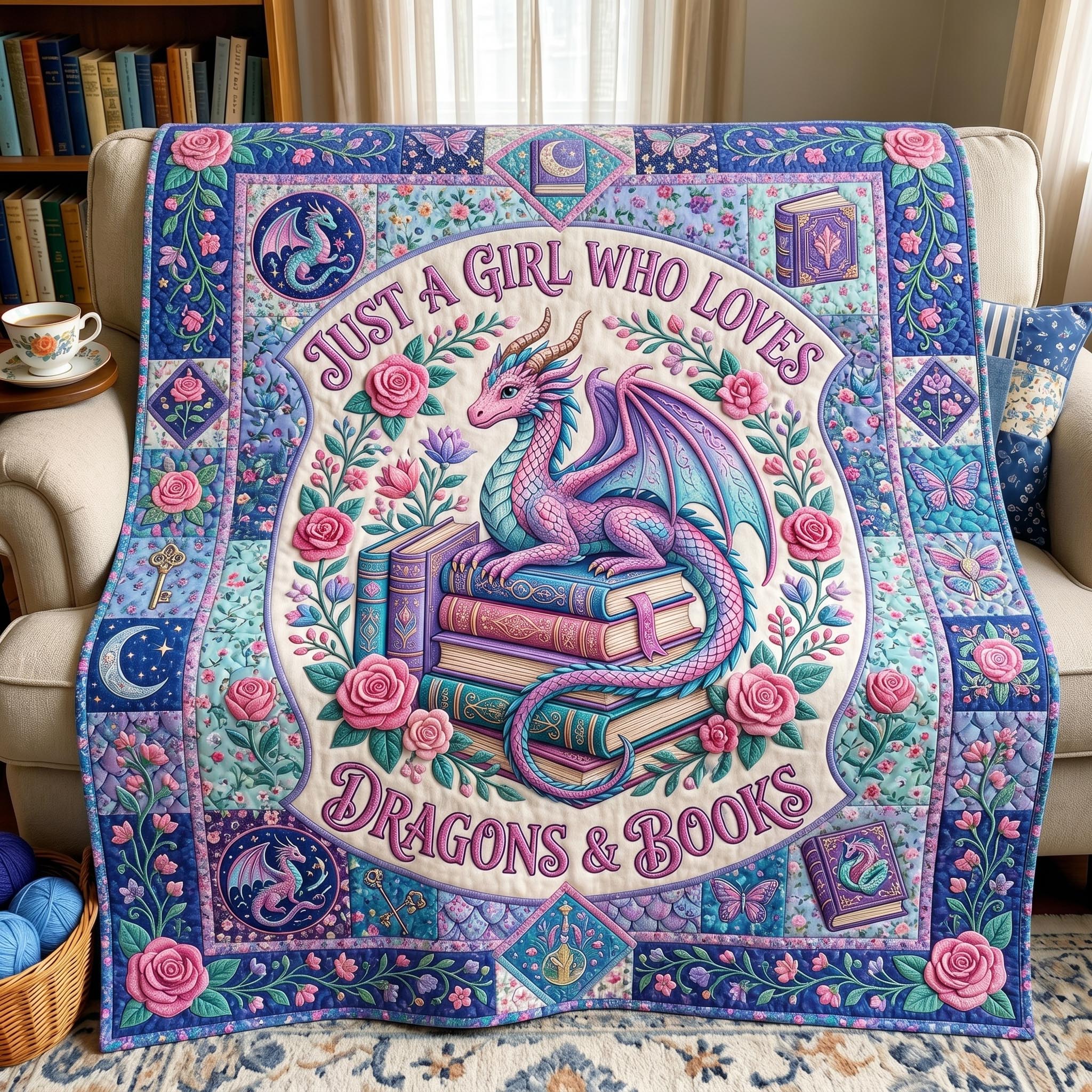 Bookworm Dragon Quilted Blanket GFTONMU608