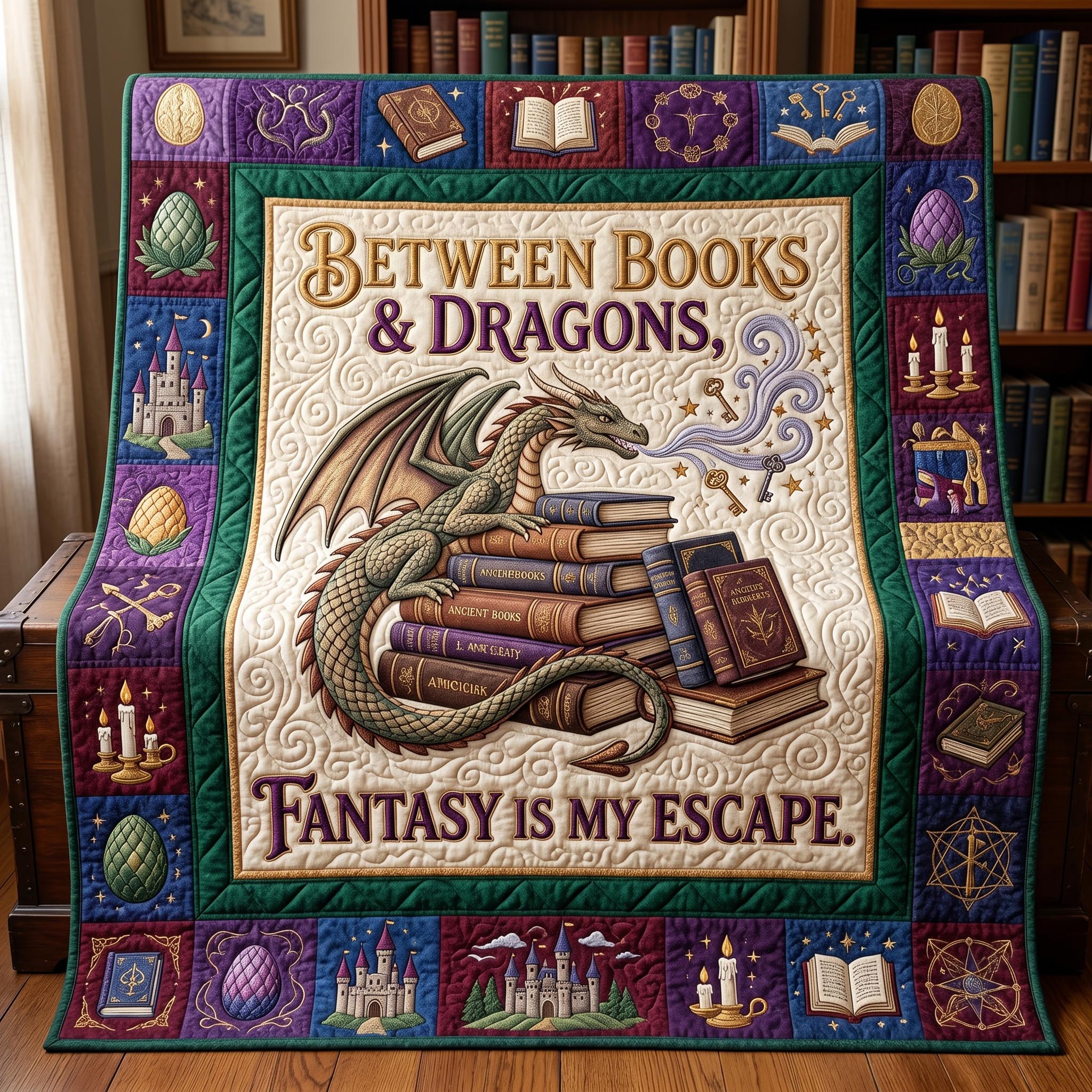 Bookworm Dragon Quilted Blanket GFTONMU610