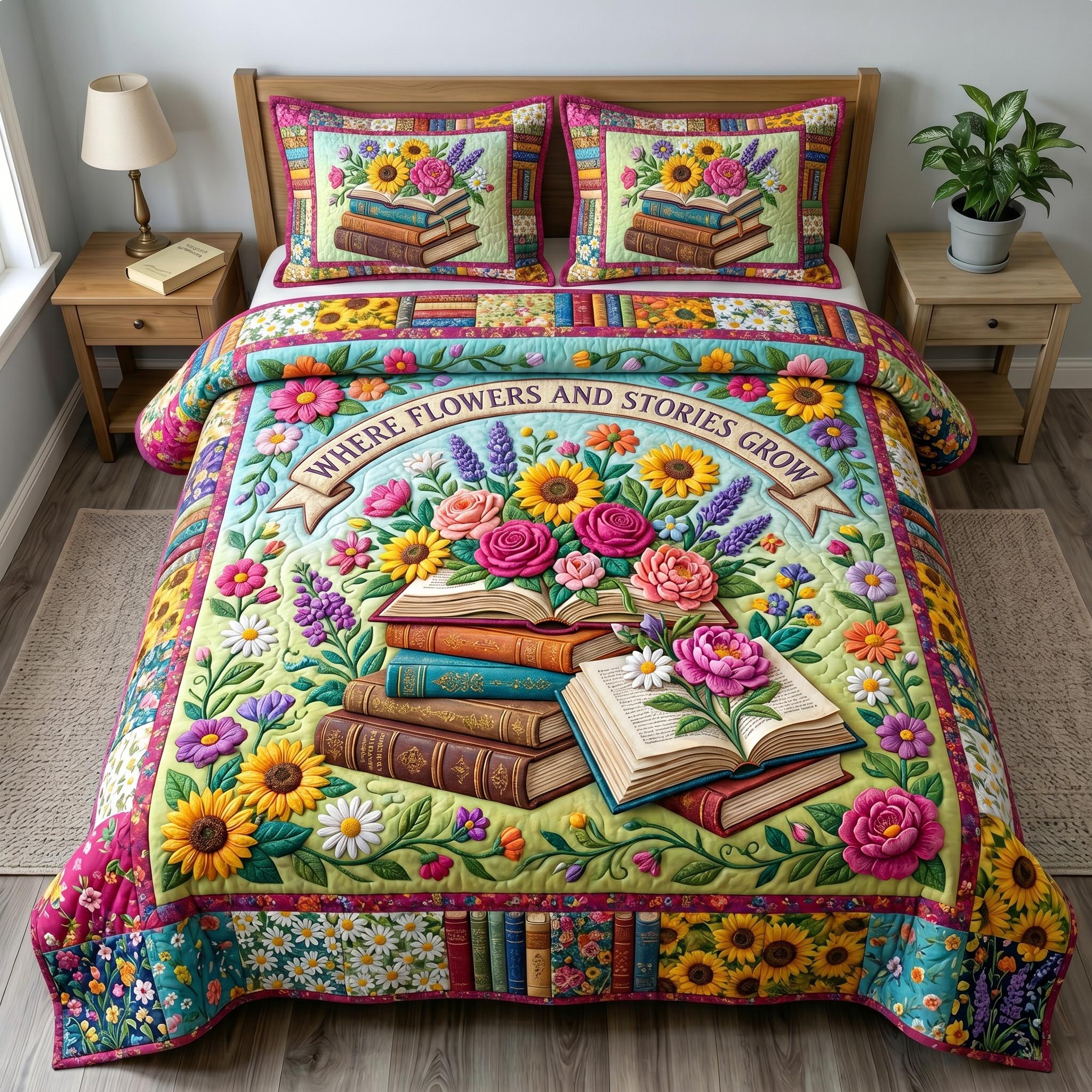 Floral Library 3-Piece Quilted Bedding Set GFTONMU691