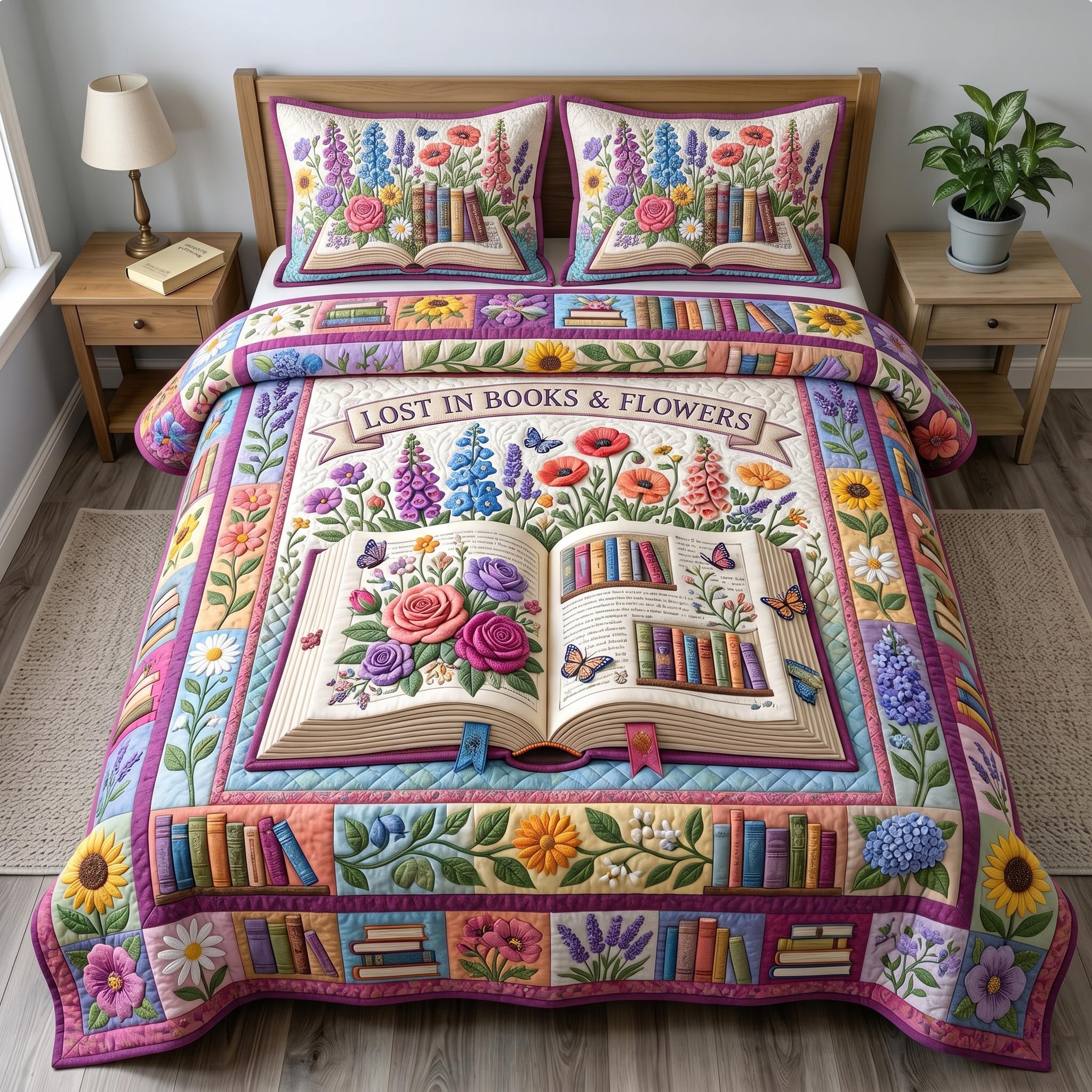 Floral Library 3-Piece Quilted Bedding Set GFTONMU692