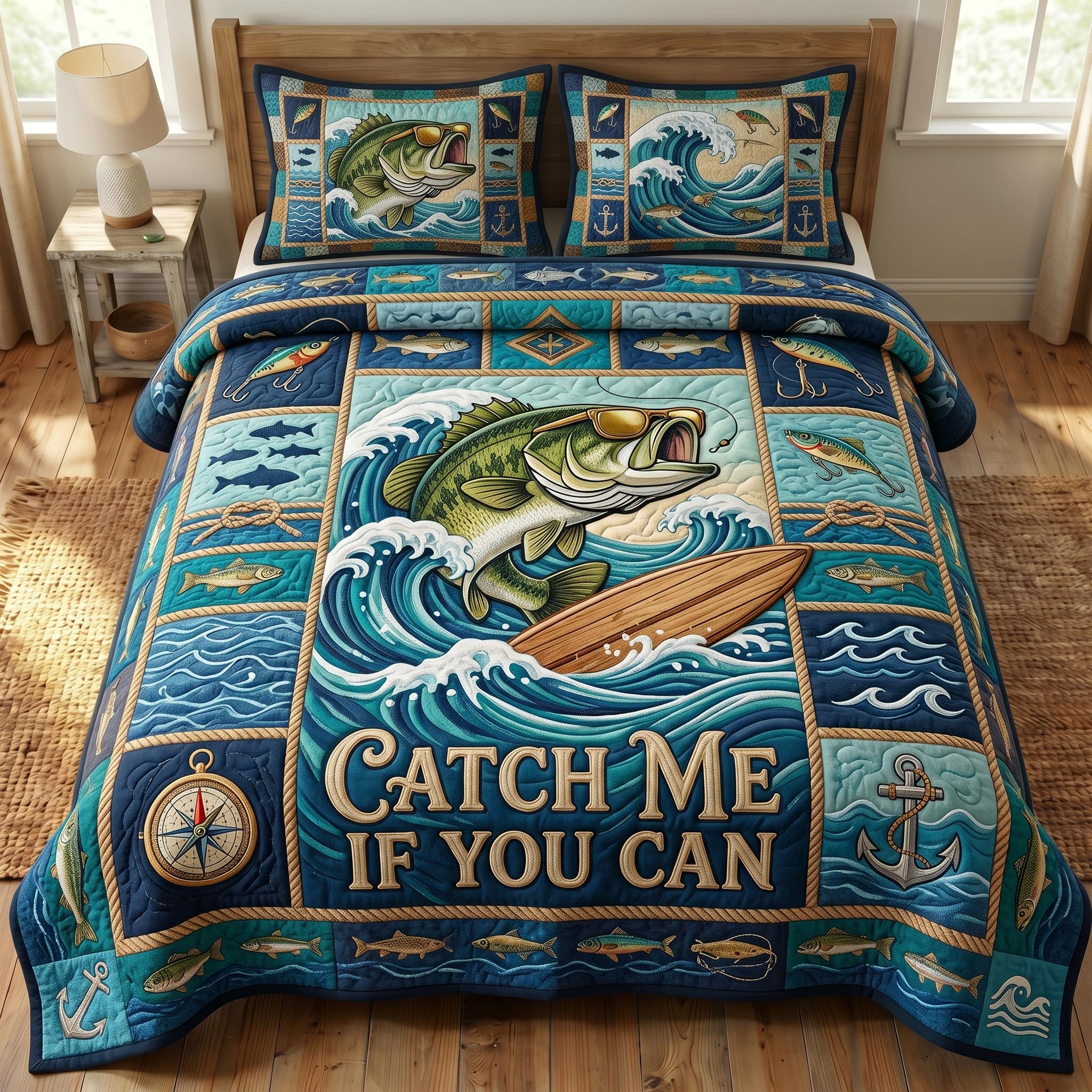 Bass Fishing 3-Piece Quilted Bedding Set GFTONMU757