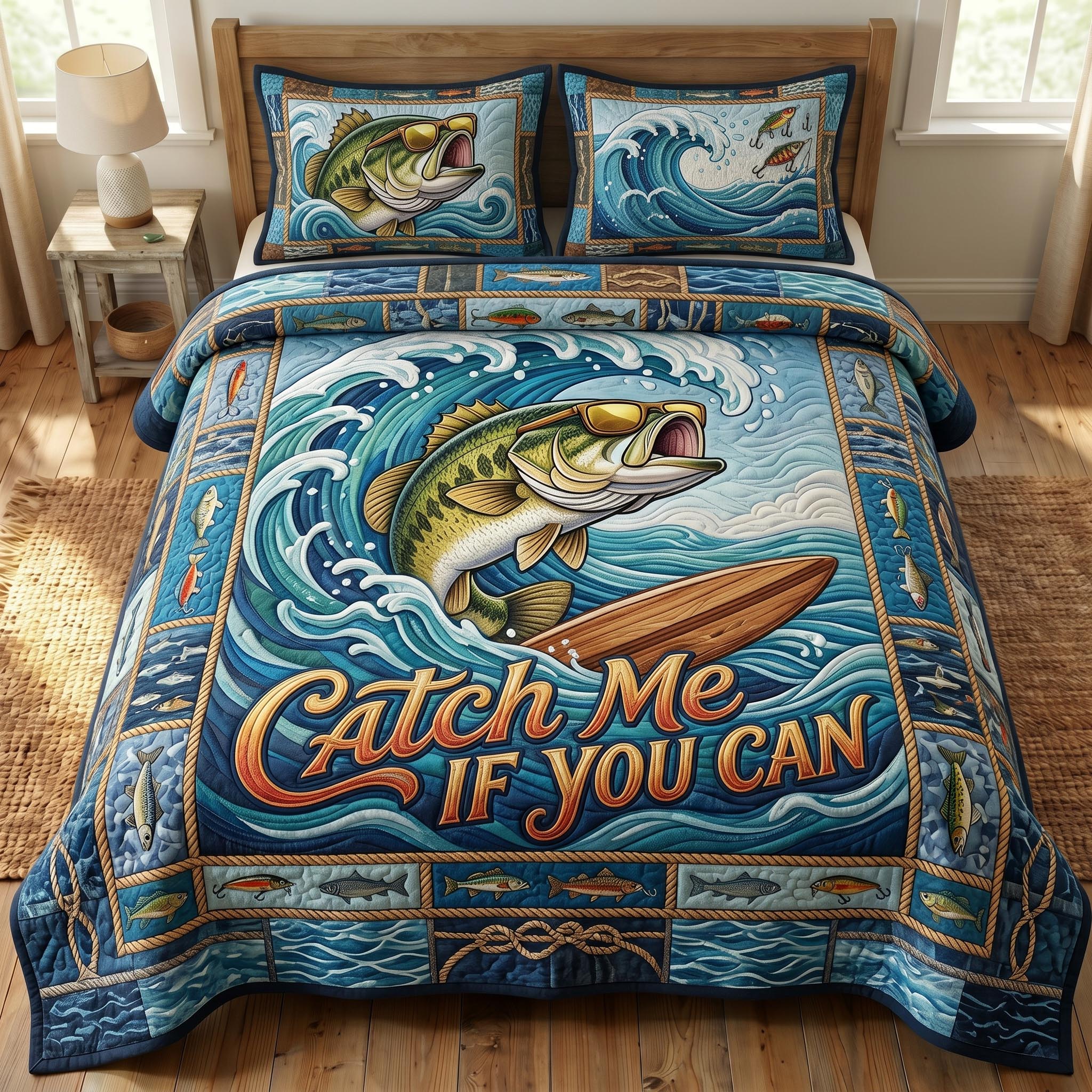 Bass Fishing 3-Piece Quilted Bedding Set GFTONMU758