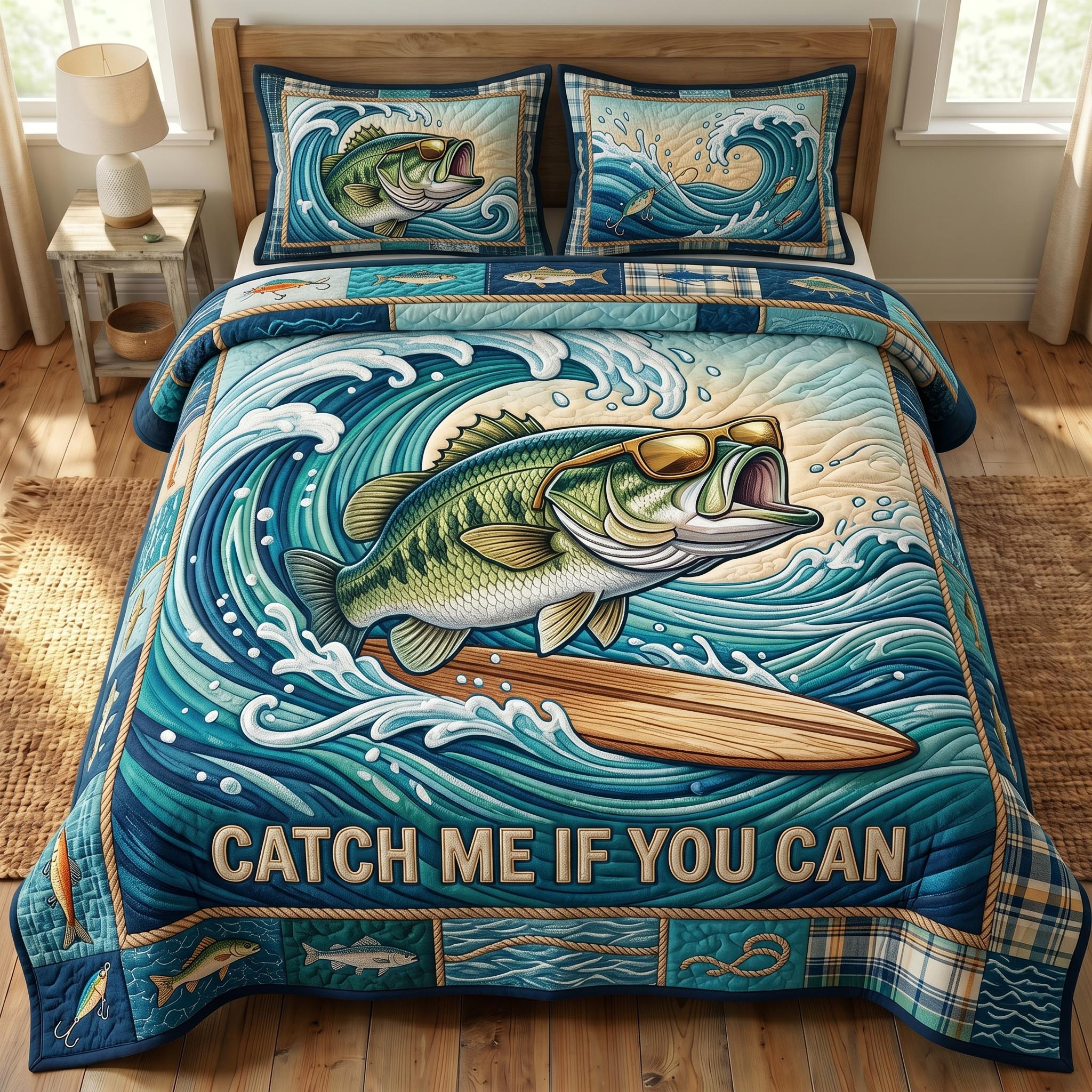 Bass Fishing 3-Piece Quilted Bedding Set GFTONMU759