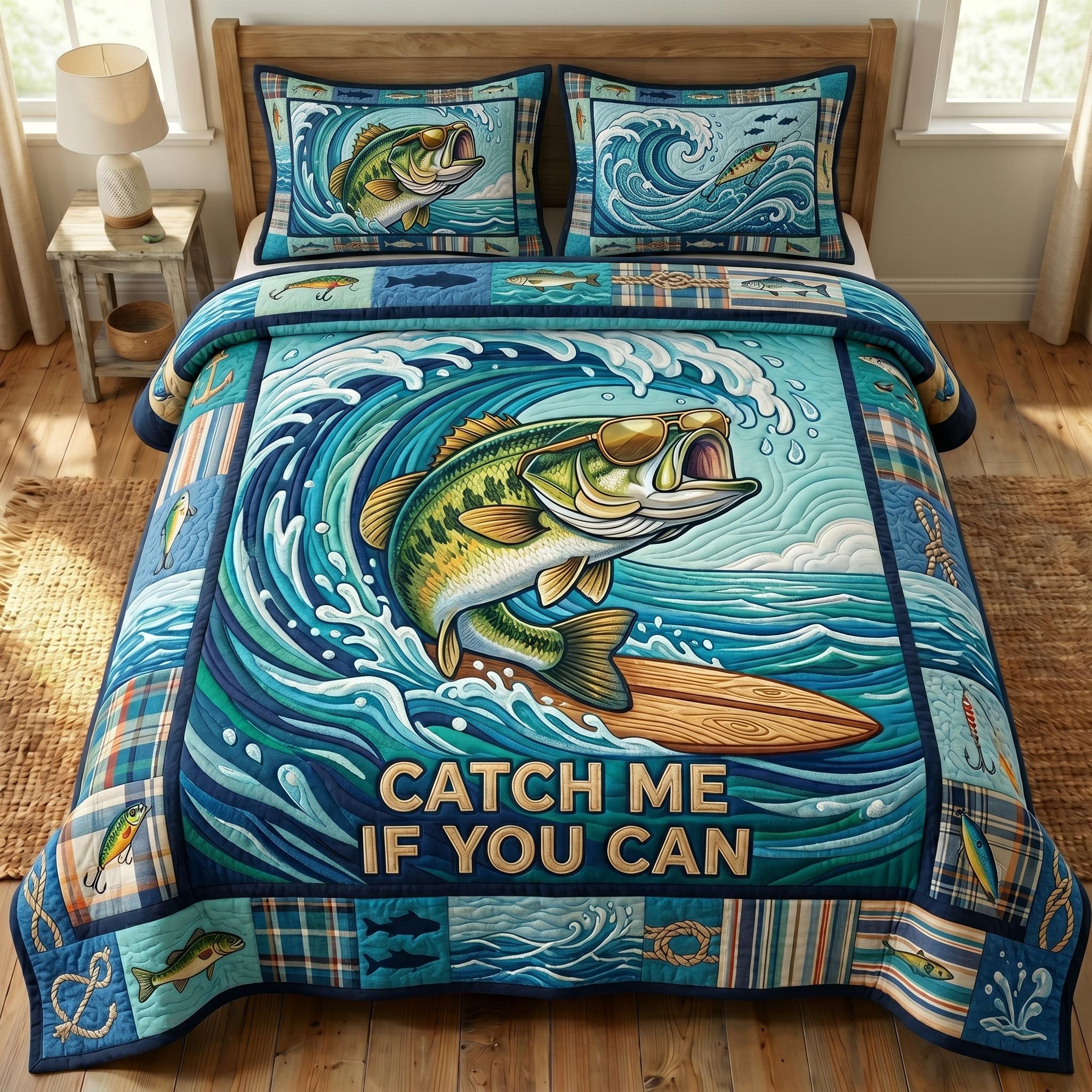 Bass Fishing 3-Piece Quilted Bedding Set GFTONMU760