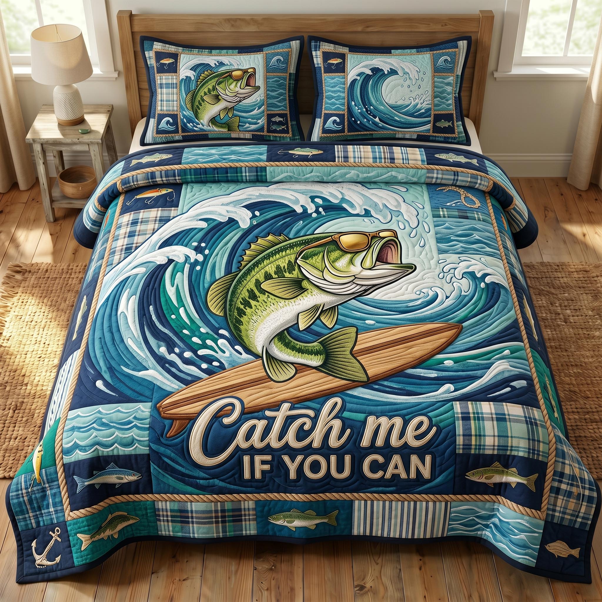 Bass Fishing 3-Piece Quilted Bedding Set GFTONMU761