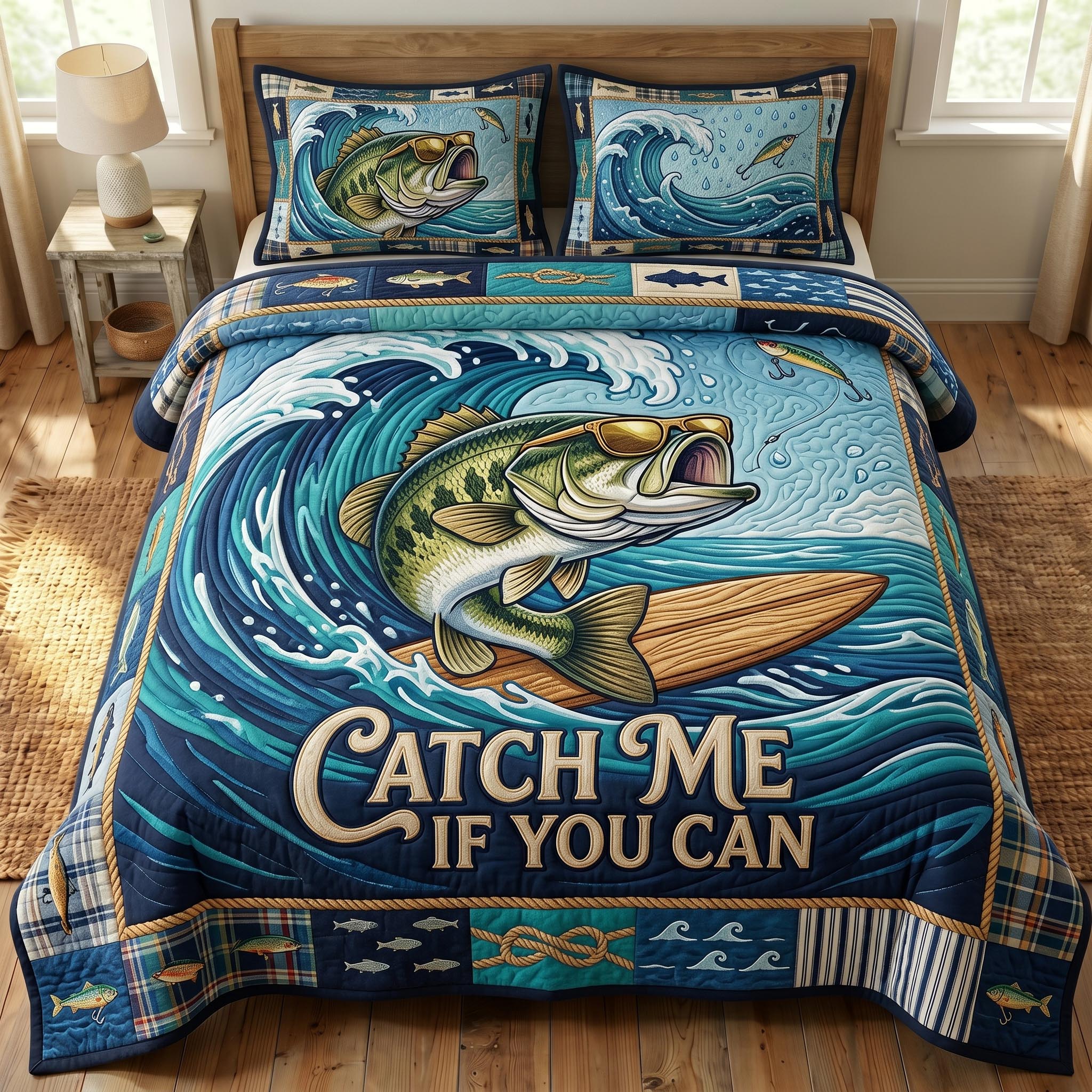Bass Fishing 3-Piece Quilted Bedding Set GFTONMU762