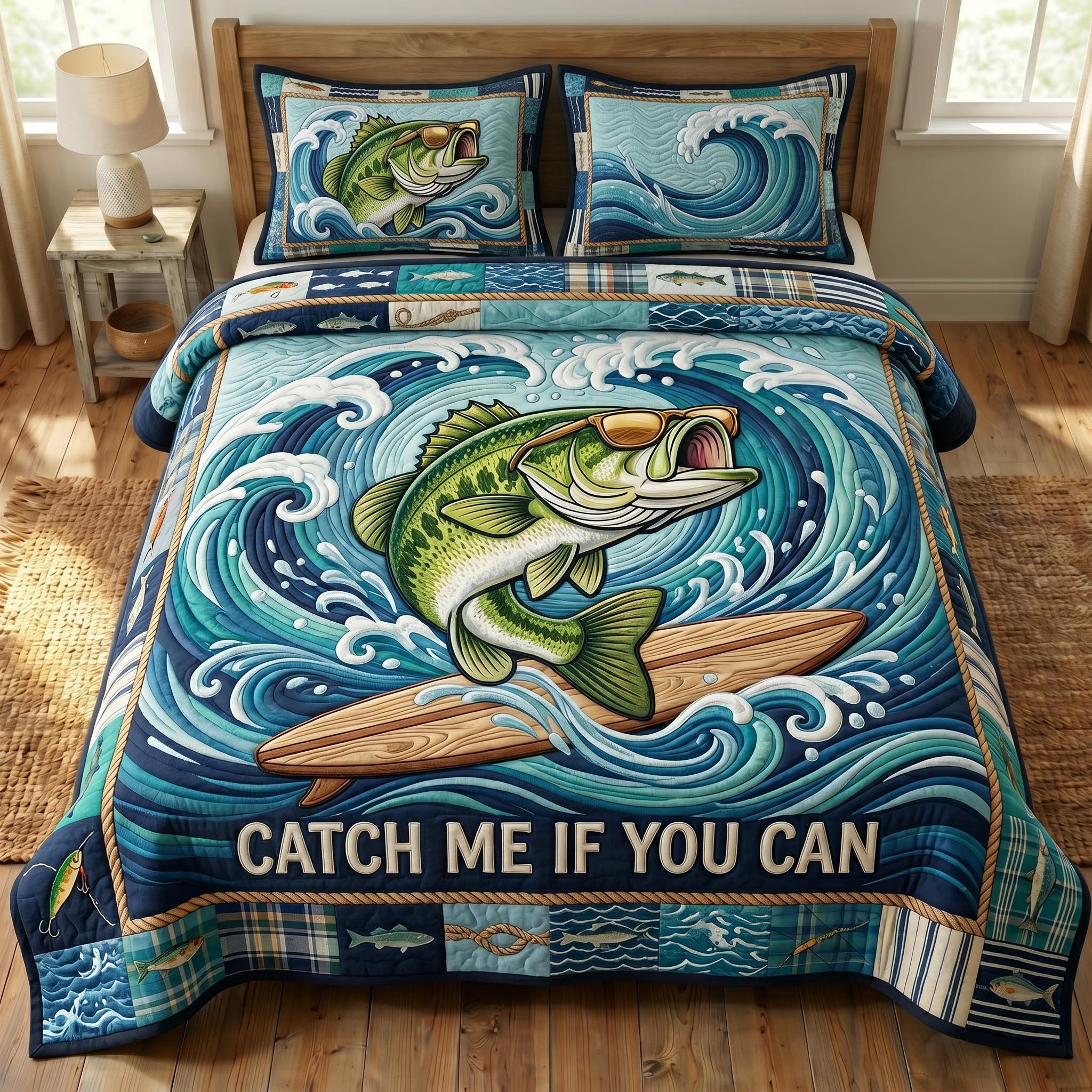 Bass Fishing 3-Piece Quilted Bedding Set GFTONMU763
