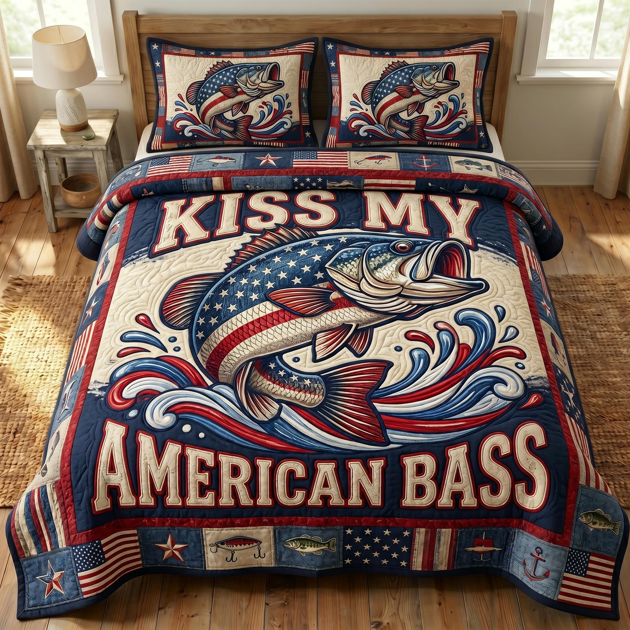 Patriotic Fishing 3-Piece Quilted Bedding Set GFTONMU771