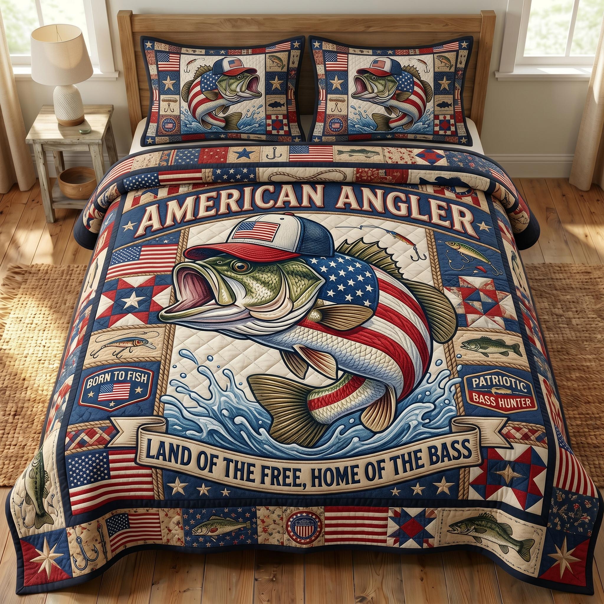 Patriotic Fishing 3-Piece Quilted Bedding Set GFTONMU773