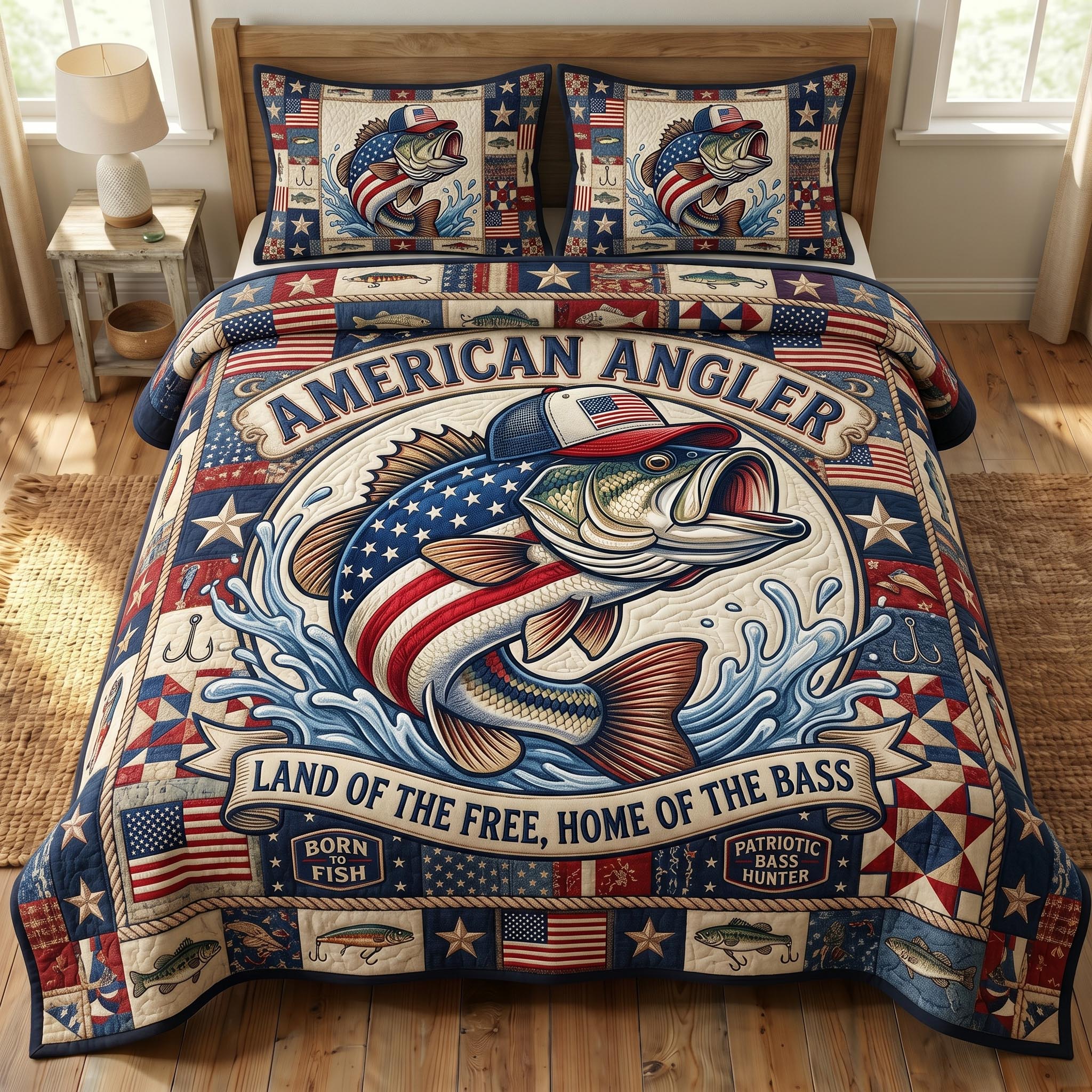 Patriotic Fishing 3-Piece Quilted Bedding Set GFTONMU774