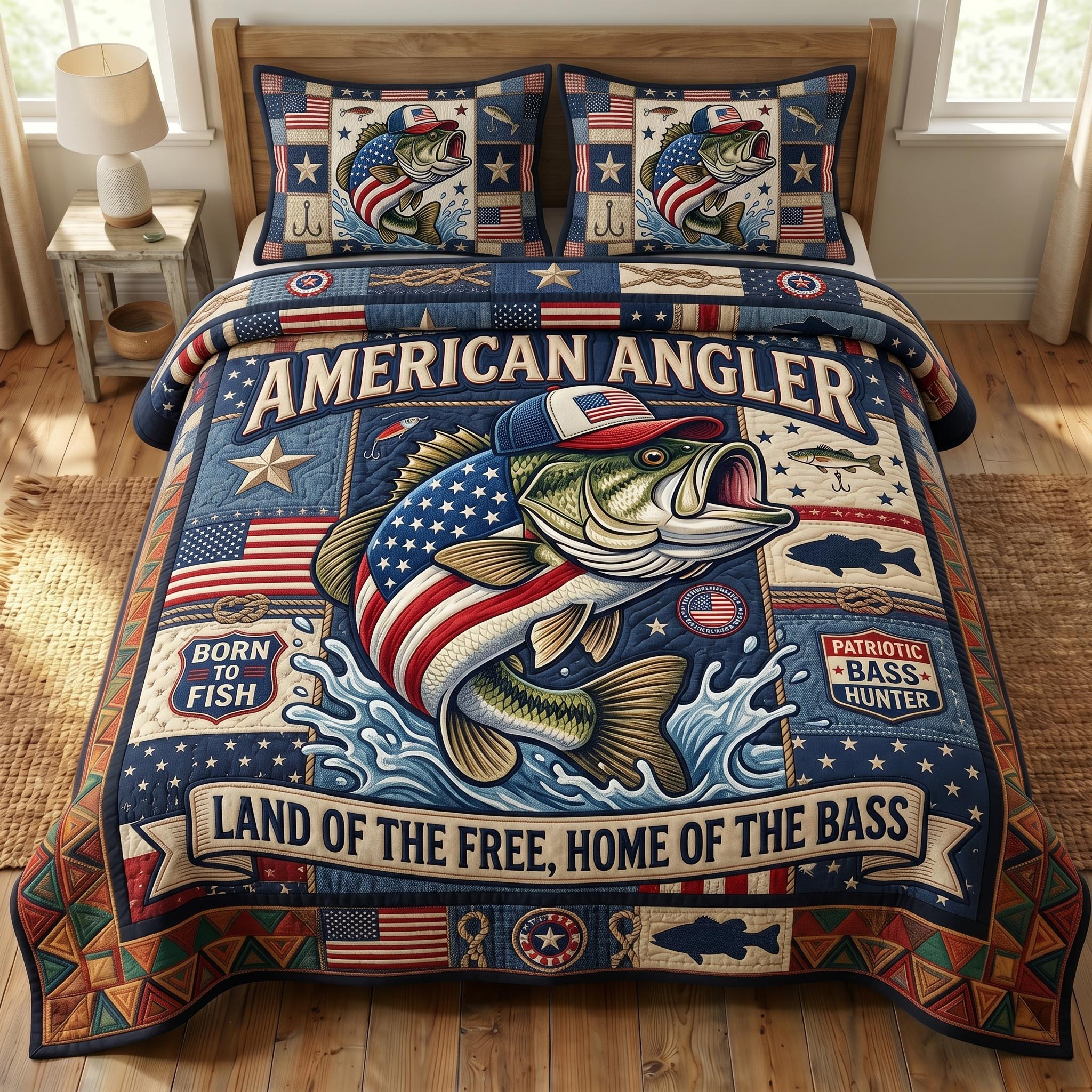 Patriotic Fishing 3-Piece Quilted Bedding Set GFTONMU775
