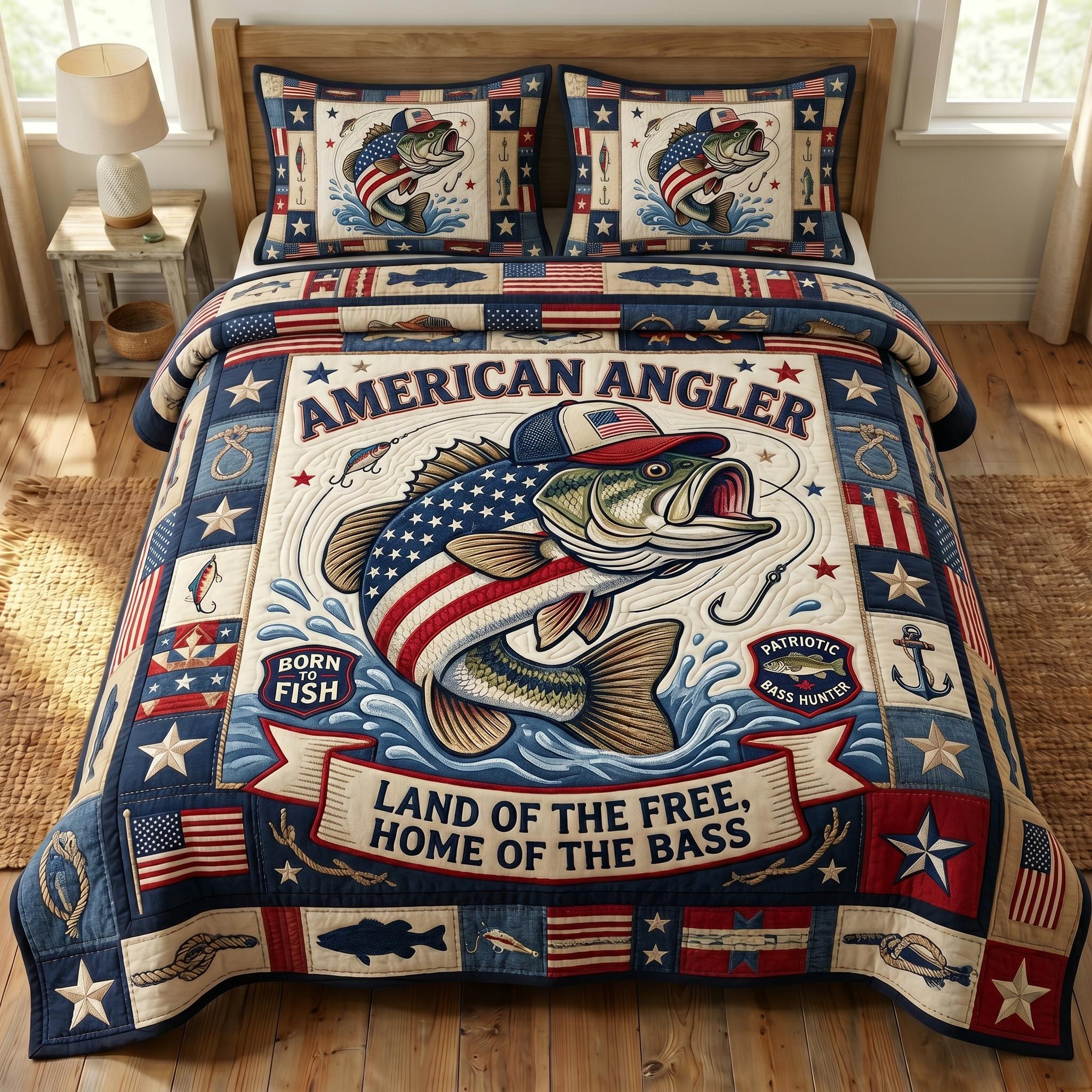 Patriotic Fishing 3-Piece Quilted Bedding Set GFTONMU776