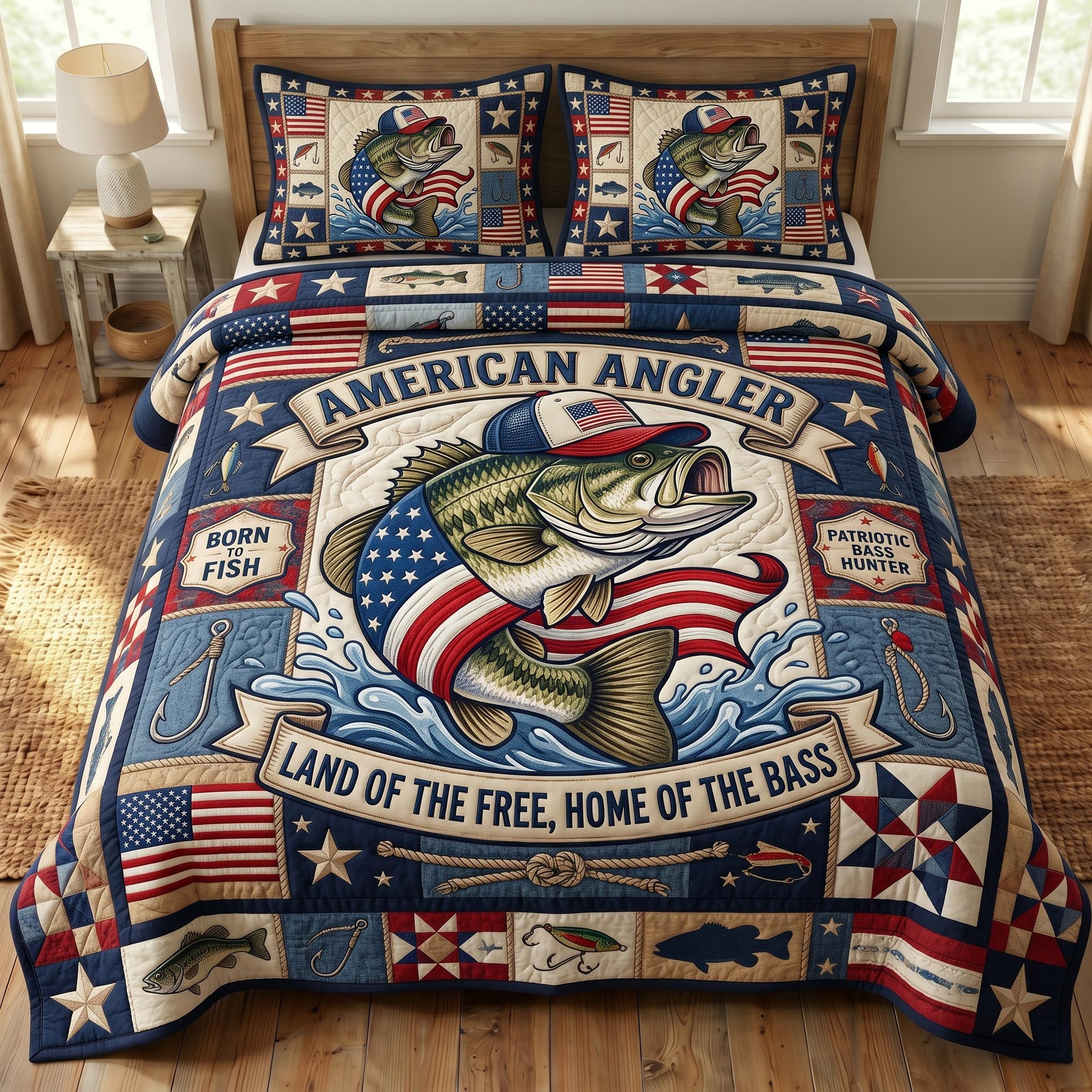 Patriotic Fishing 3-Piece Quilted Bedding Set GFTONMU777