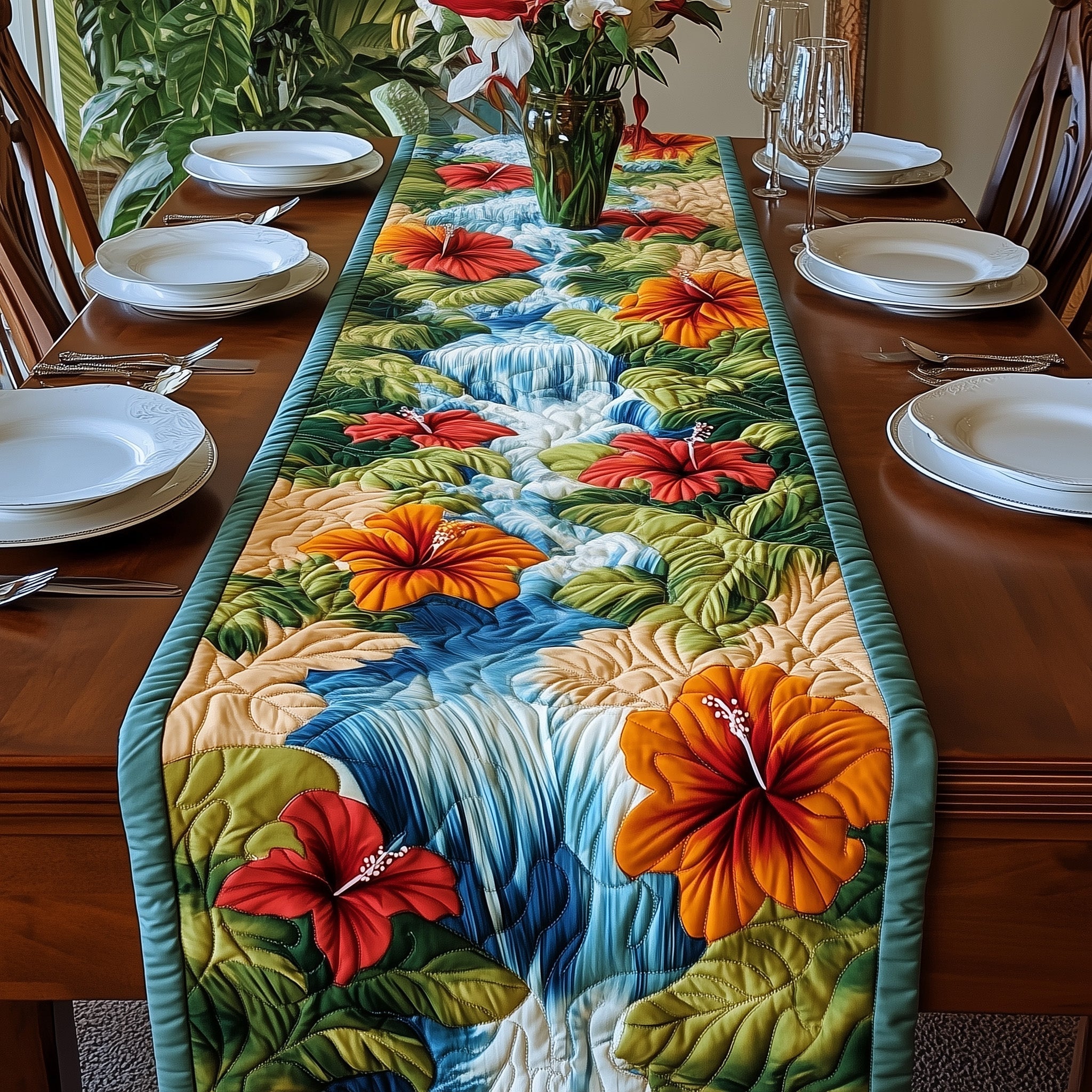 Hibiscus Waterfall Quilted Table Runner GFTONT270