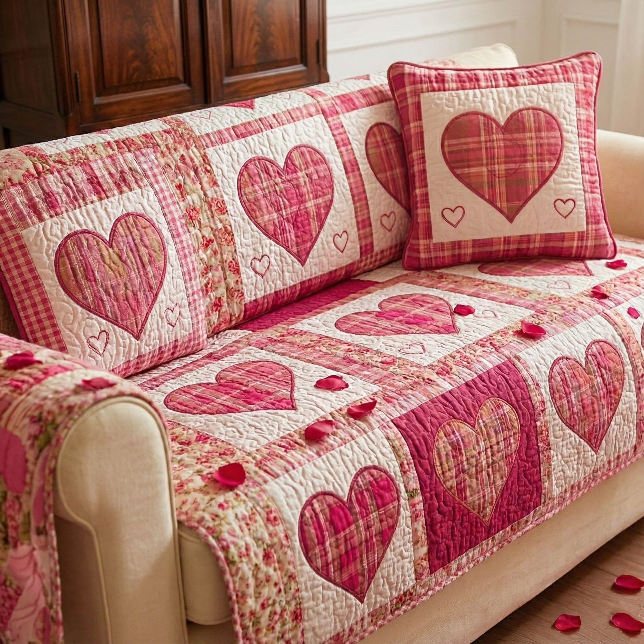 Affectionate Hearts Quilted Sofa Cover GFTONT6040