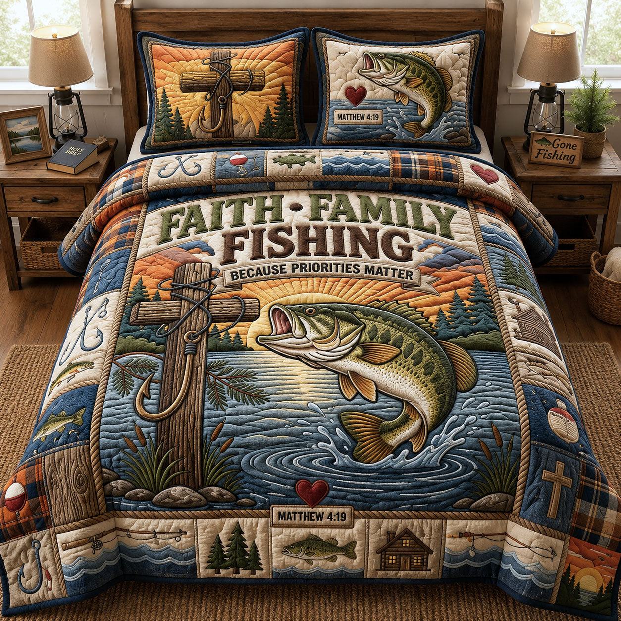 Faith Family Fishing 3-Piece Quilted Bedding Set GFTOPND1033