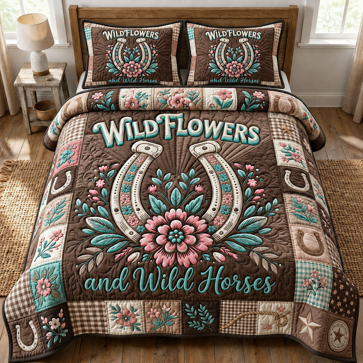 Wild Horses Wild Flowers 3-Piece Quilted Bedding Set GFTOPND1089