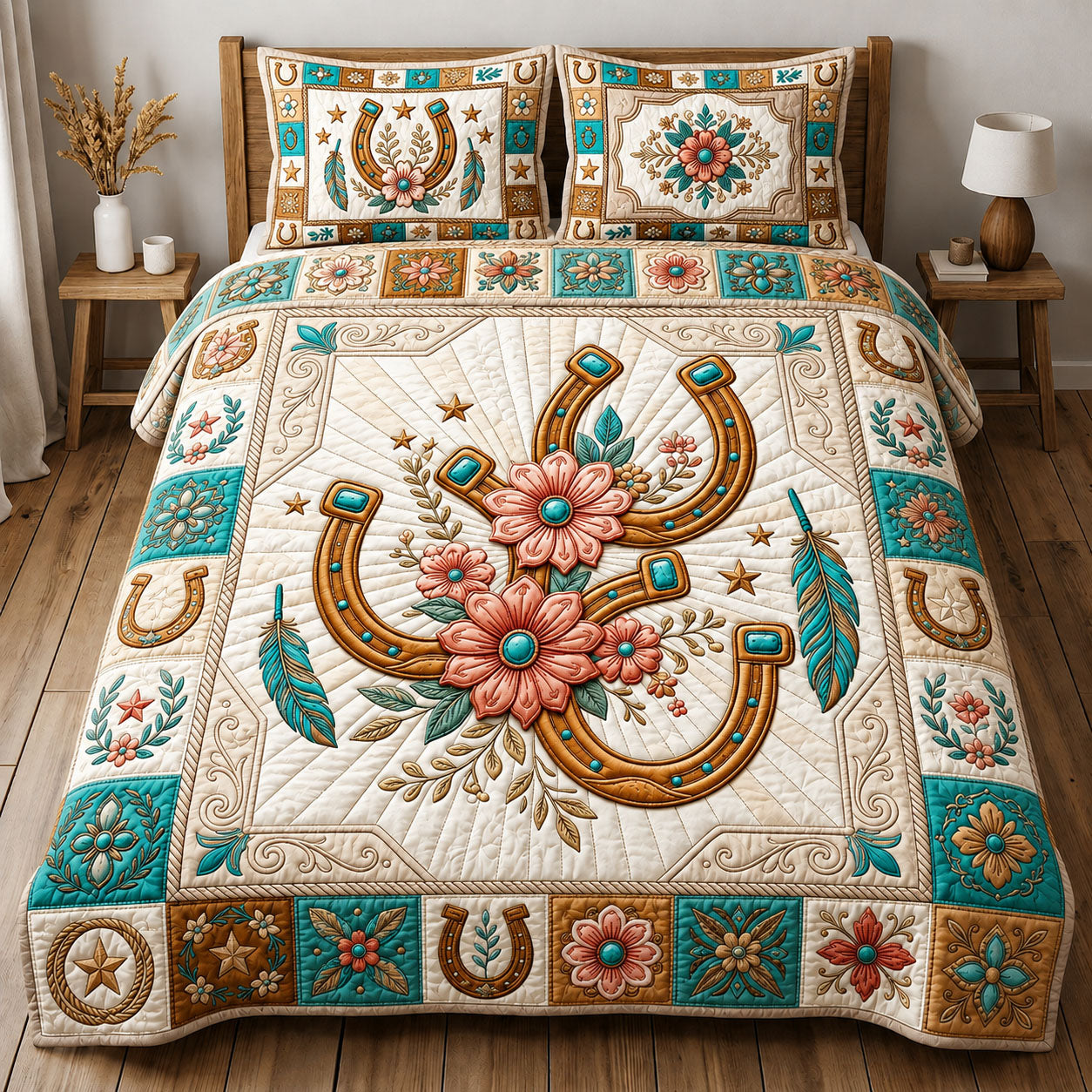 Horseshoe Floral Teal 3-Piece Quilted Bedding Set GFTOPND1090