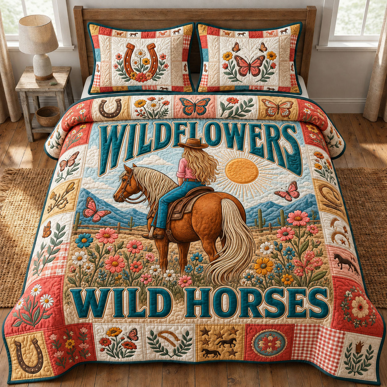 Wild Horses Wild Flowers 3-Piece Quilted Bedding Set GFTOPND1091
